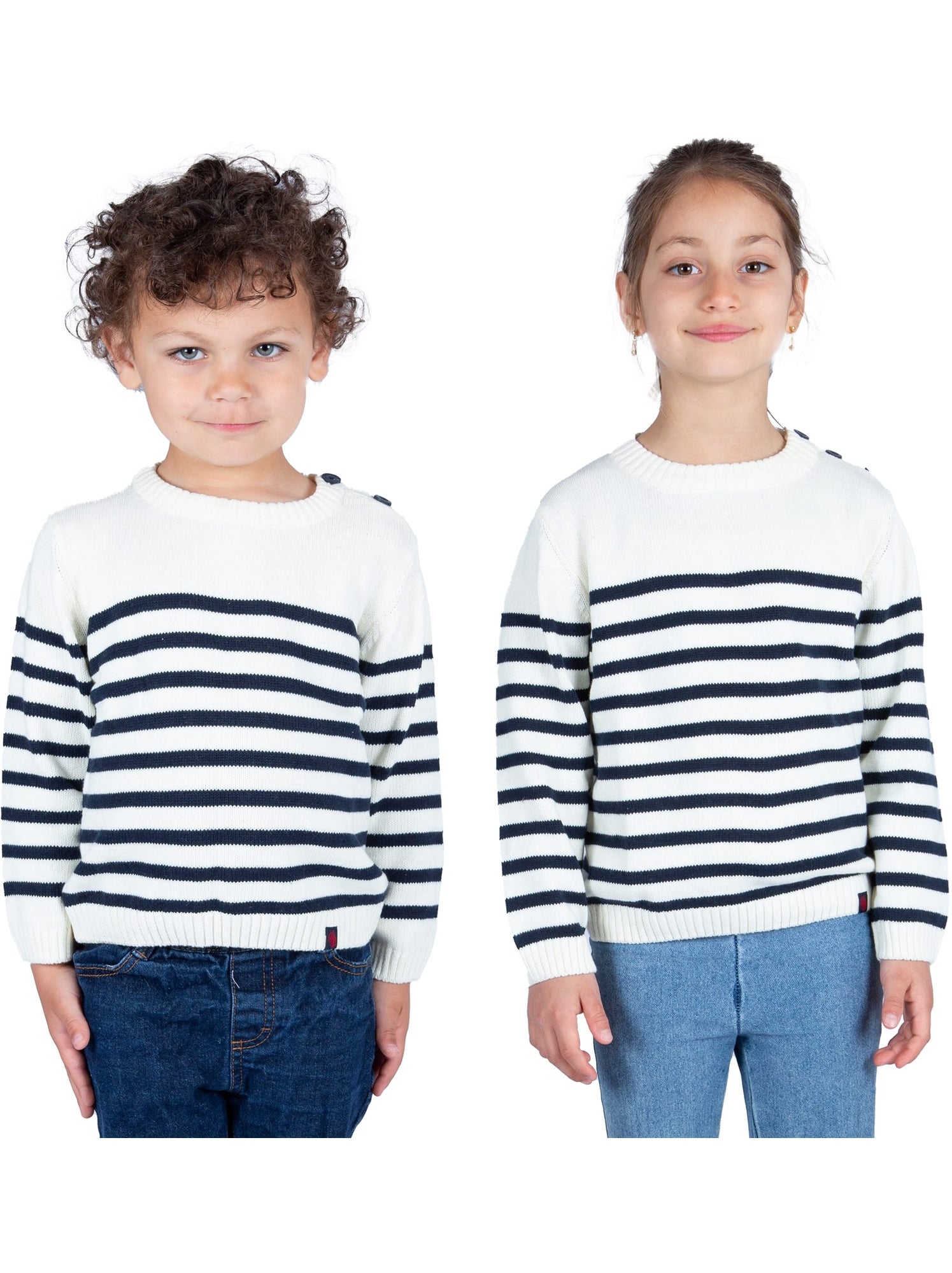 Pull marin enfant 'Breizh Océan', Pull en coton épais garçon ou fille - Ecru/Marine