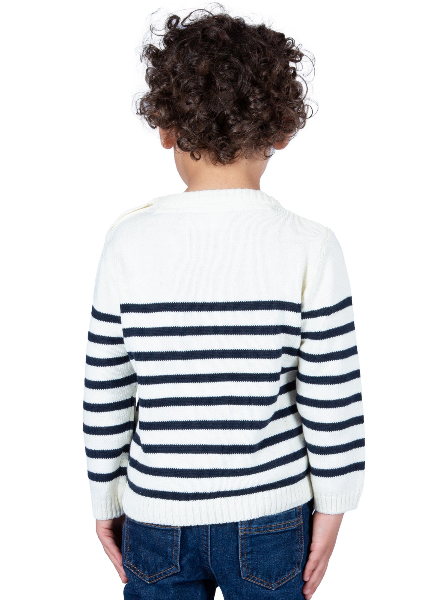 Pull marin enfant 'Breizh Océan', Pull en coton épais garçon ou fille - Ecru/Marine