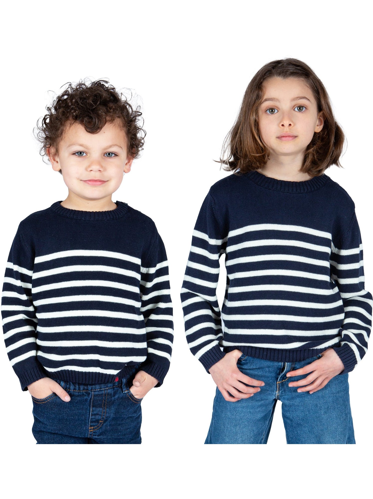 Pull marin enfant 'Breizh Océan', Pull en coton épais garçon ou fille - Marine/Ecru