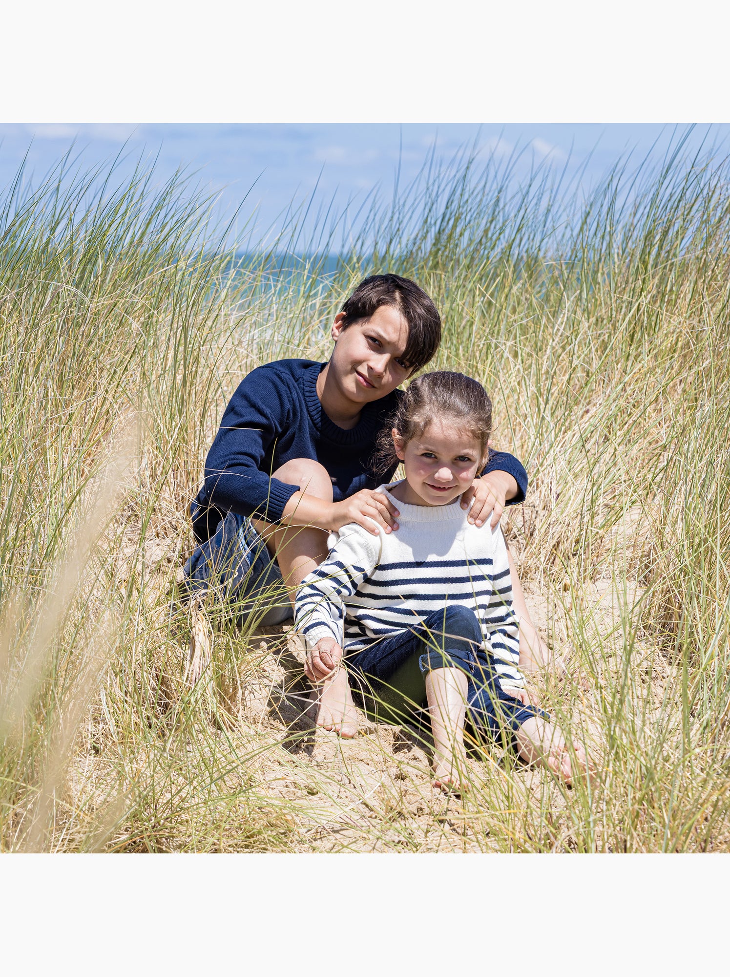 Pull marin enfant 'Breizh Océan', Pull en coton épais garçon ou fille - Marine/Ecru