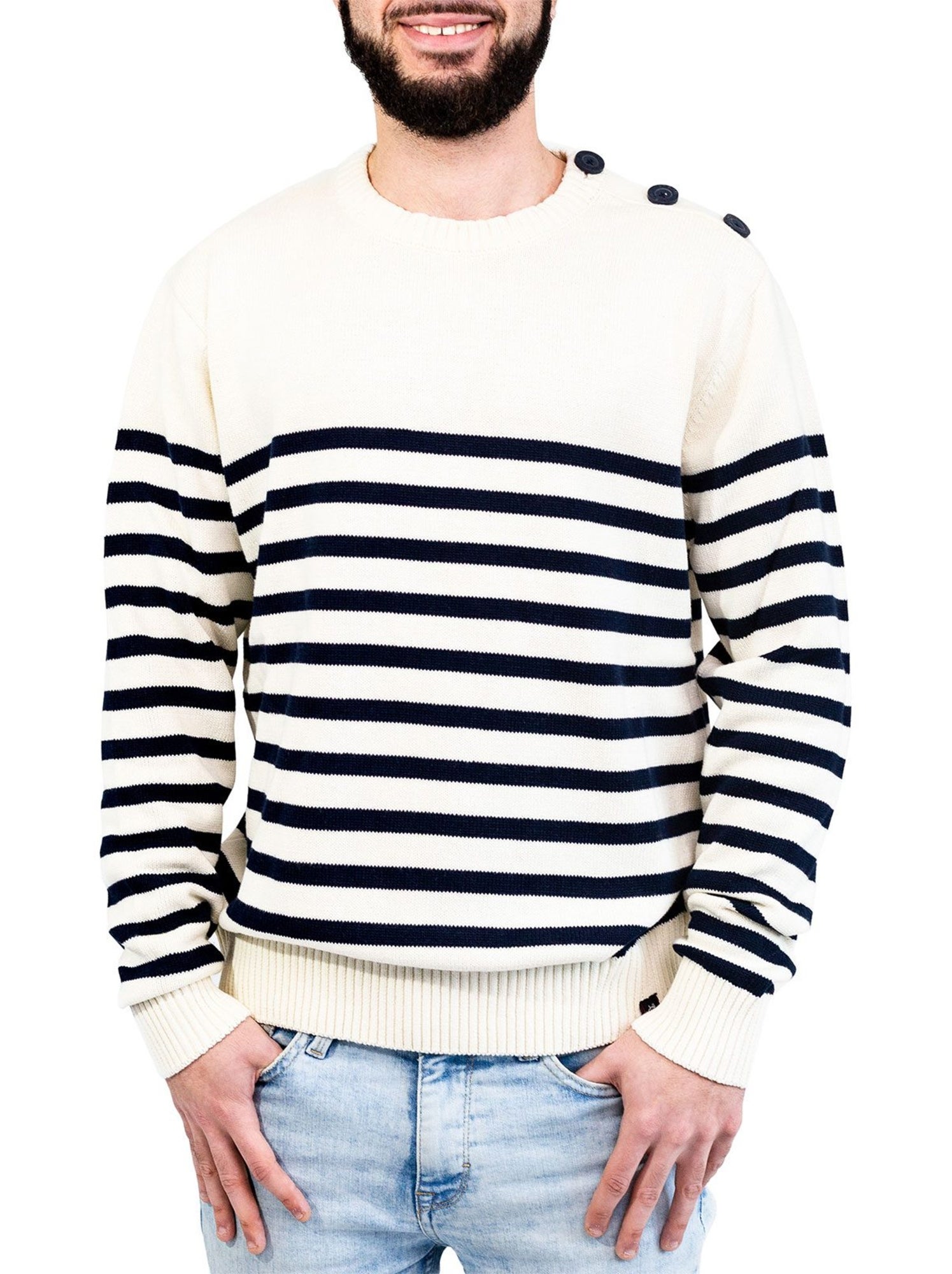 Pull marin homme rayé ou uni 'breizh océan', pull homme hiver - Ecru/Marine