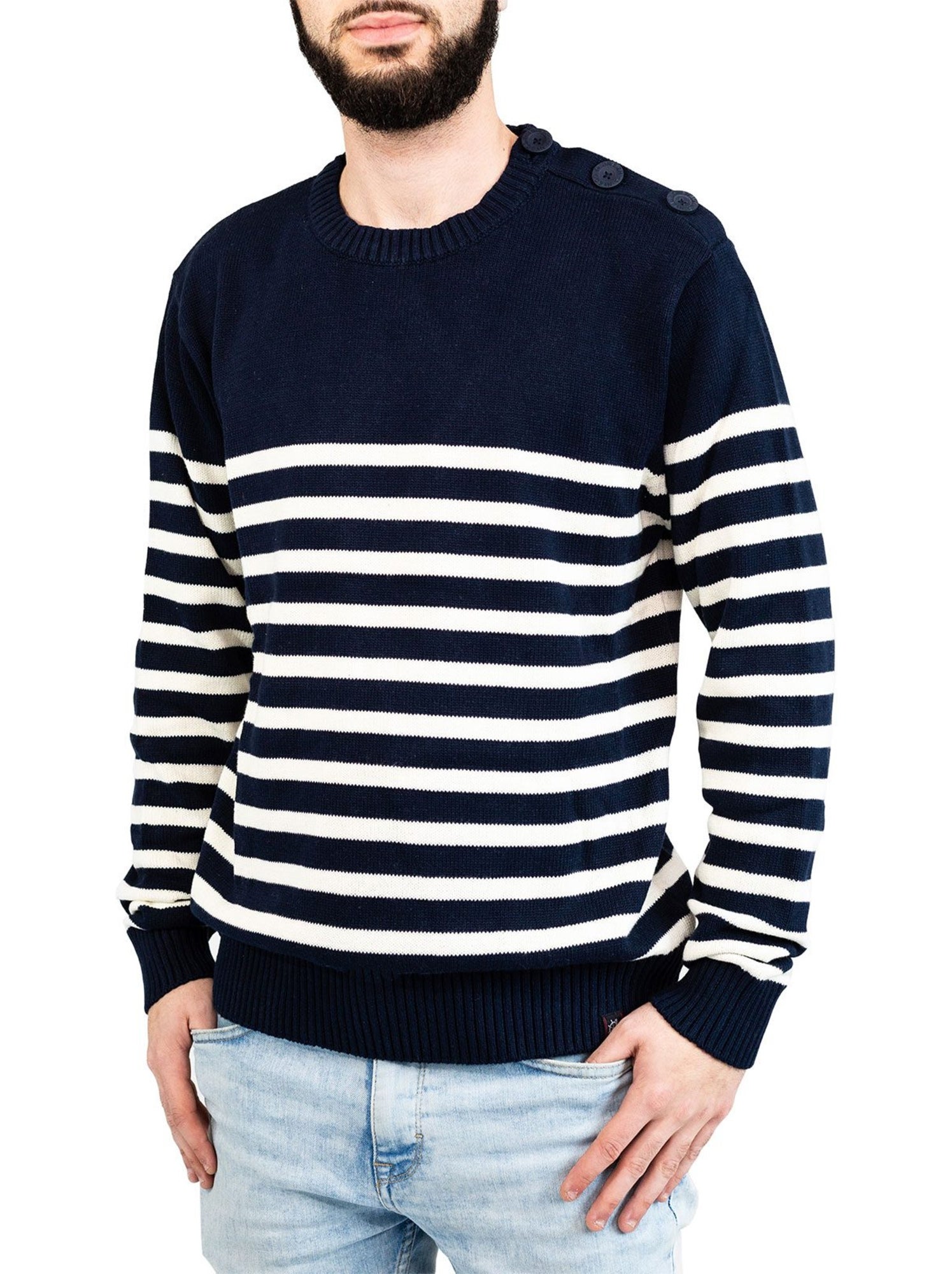 Pull marin homme rayé ou uni 'breizh océan', pull homme hiver - Marine/Ecru