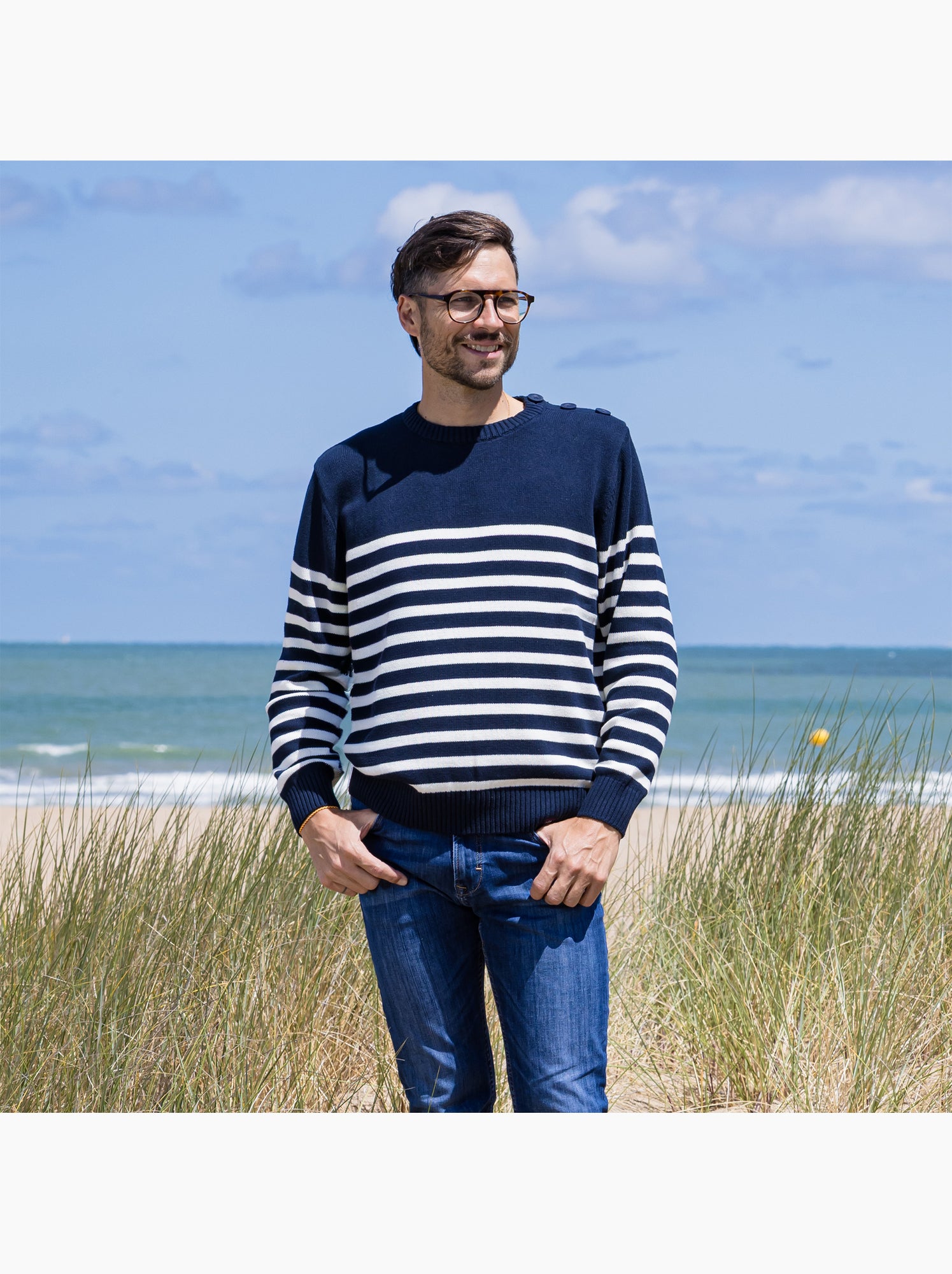 Pull marin homme rayé ou uni 'breizh océan', pull homme hiver - Marine/Ecru