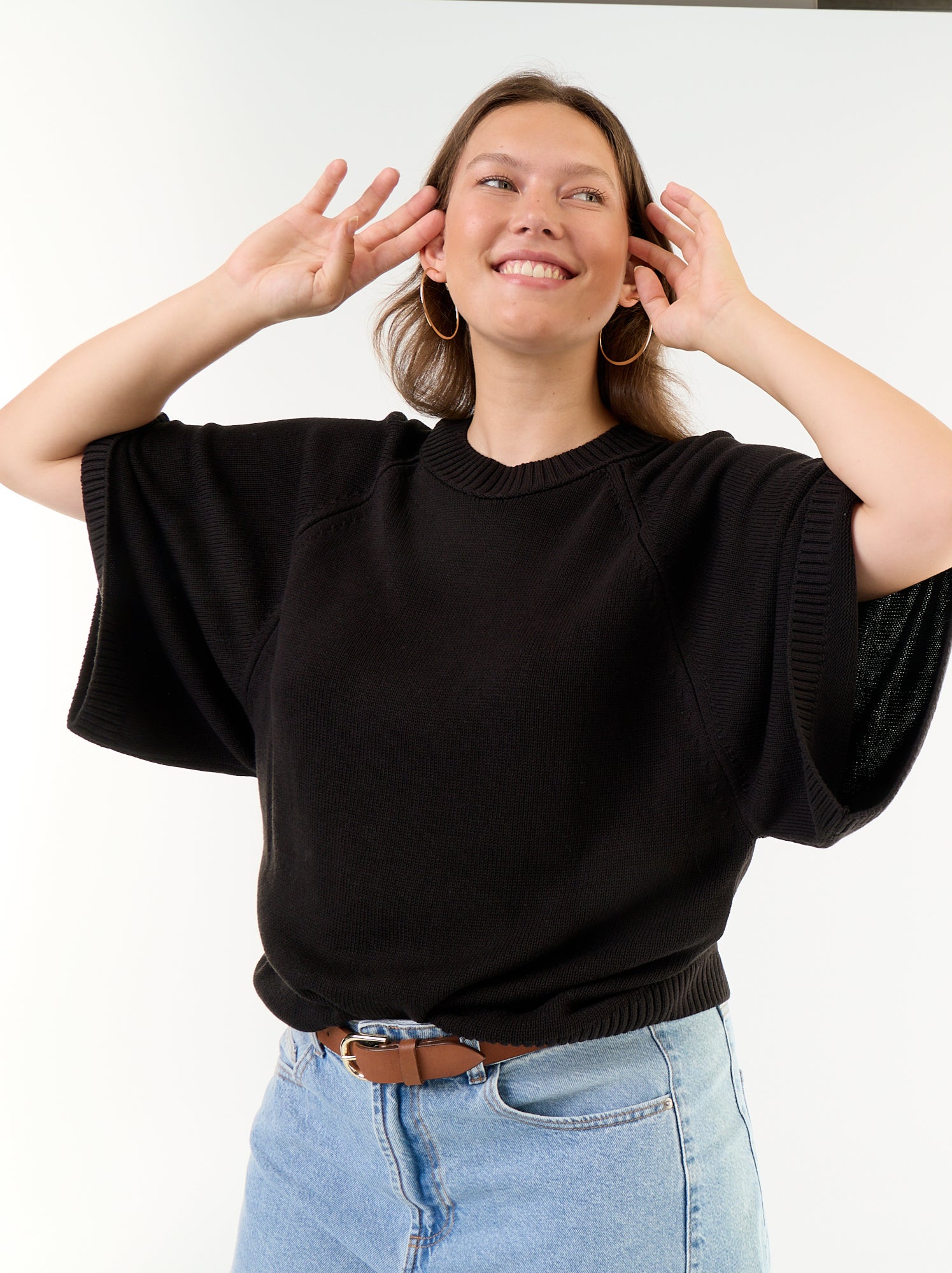Pull oversize en maille manches courtes - Noir