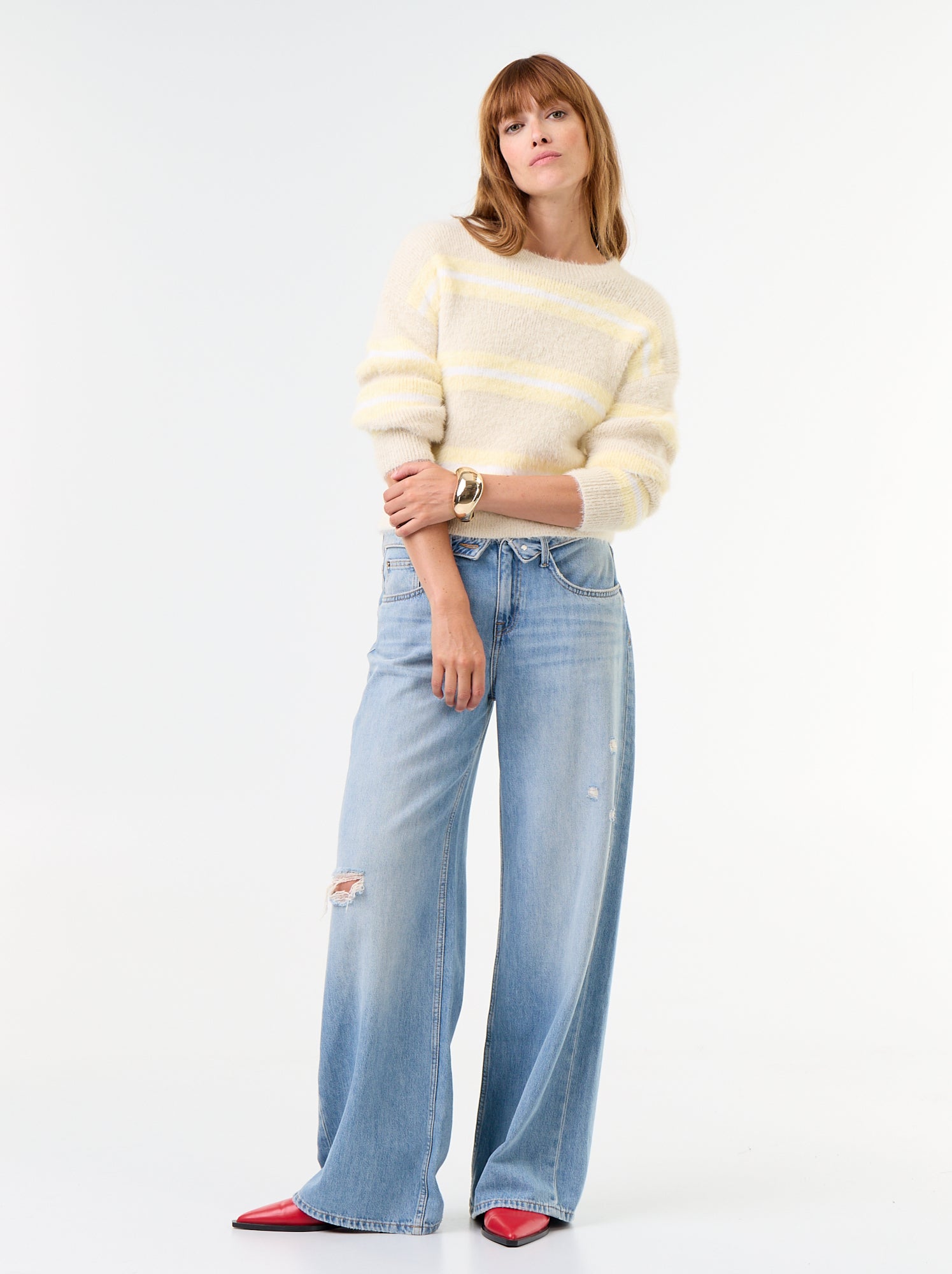Pull poilu rayé à col rond - Beige