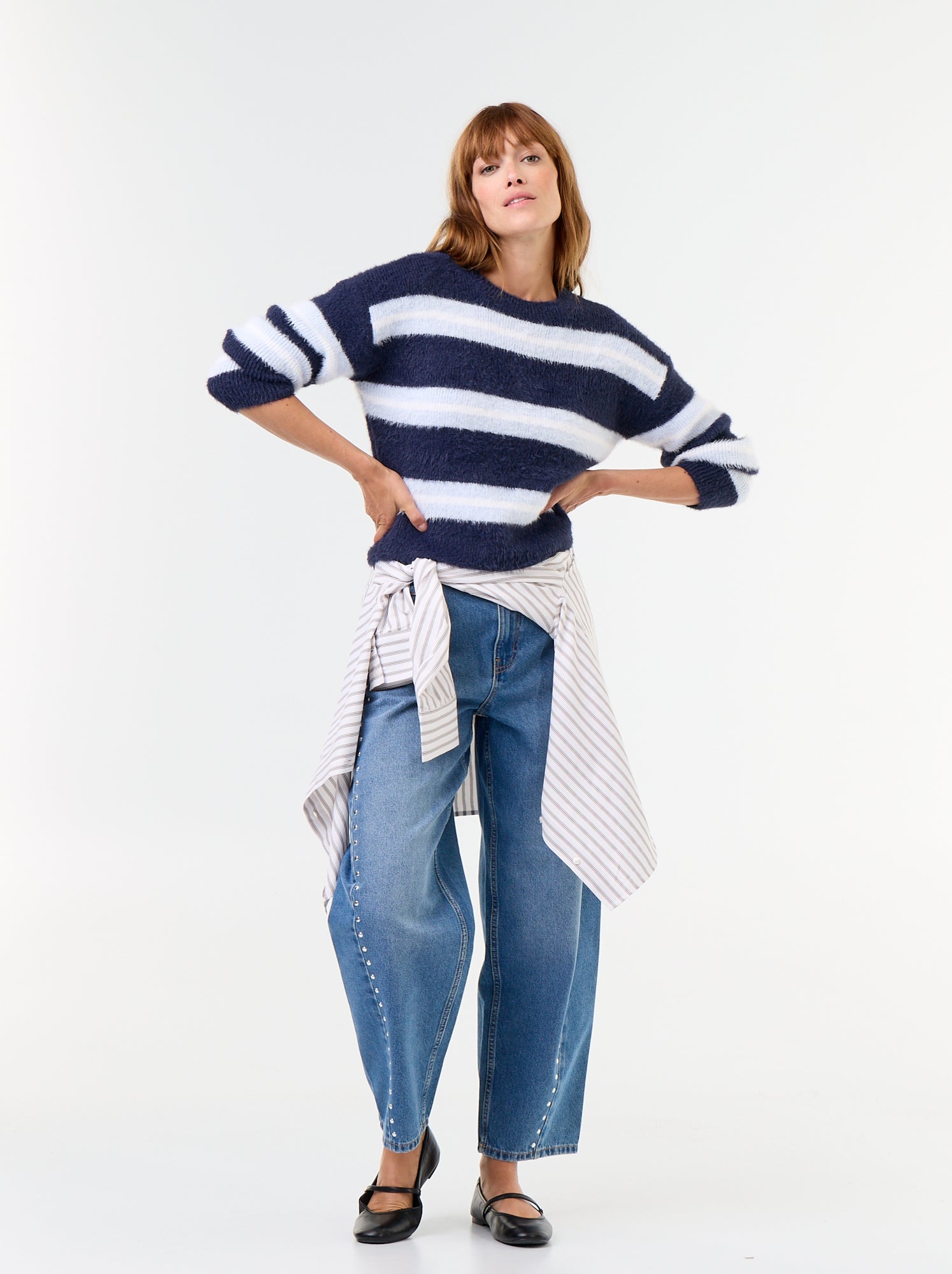 Pull poilu rayé à col rond - Bleu