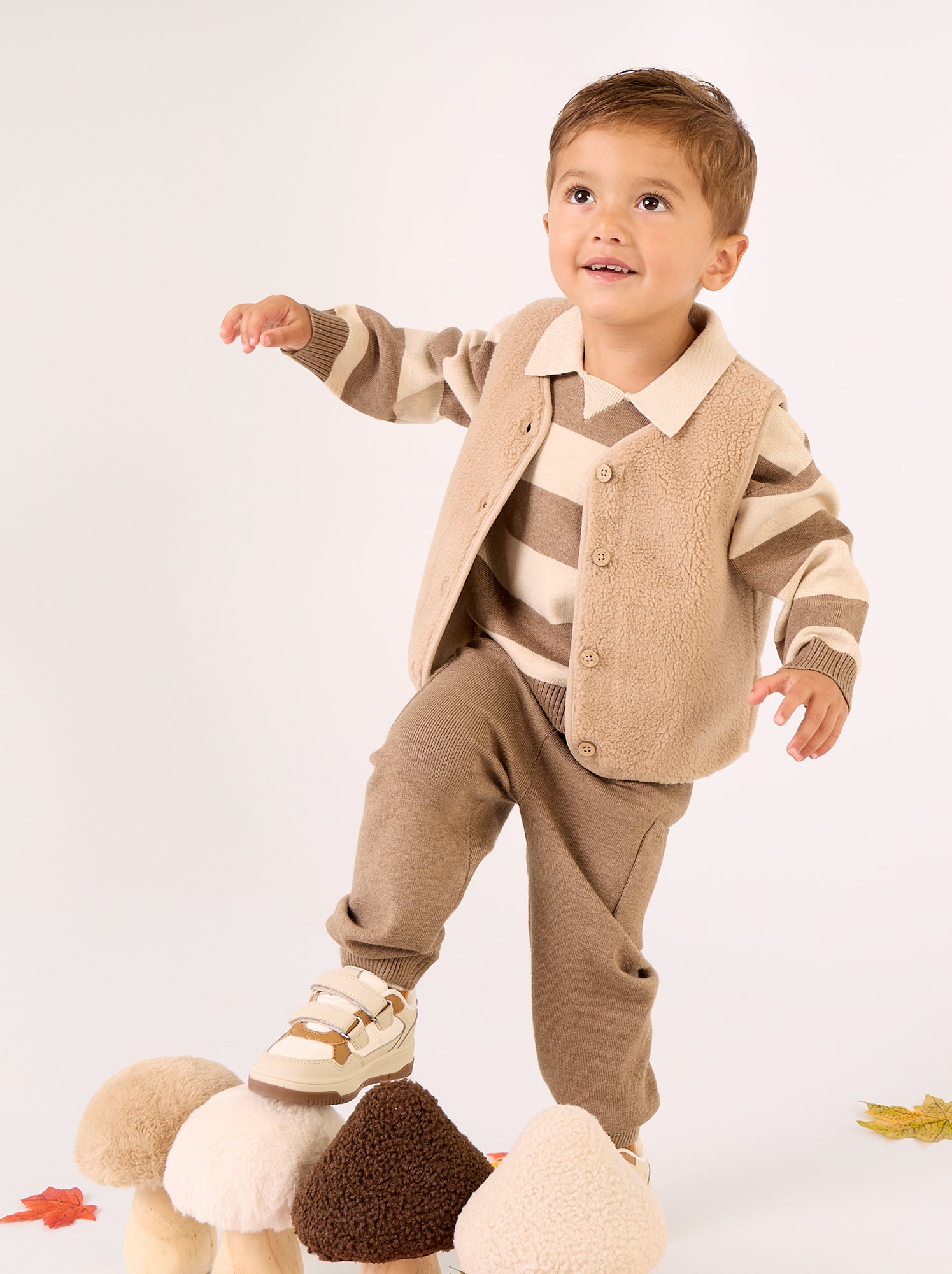 Pull rayé à manches longues et col polo - Beige (GEH49_1)