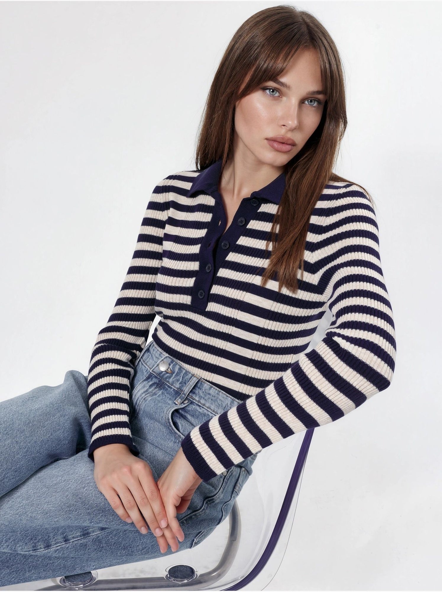 Pull rayé en maille côtelée à col polo et boutons - Multicolore