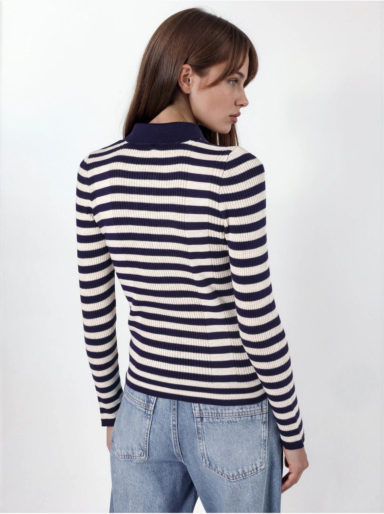 Pull rayé en maille côtelée à col polo et boutons - Multicolore