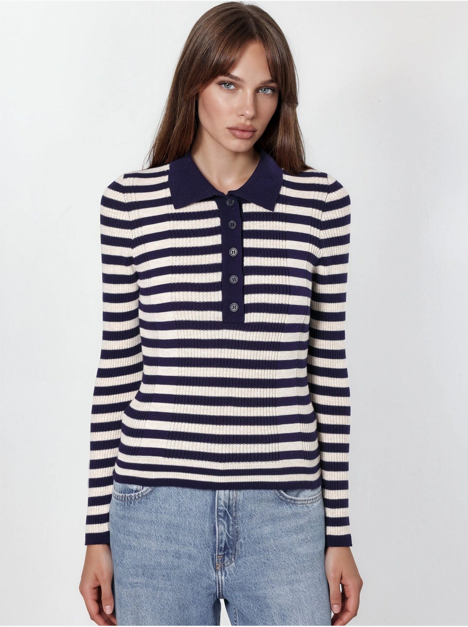Pull rayé en maille côtelée à col polo et boutons - Multicolore