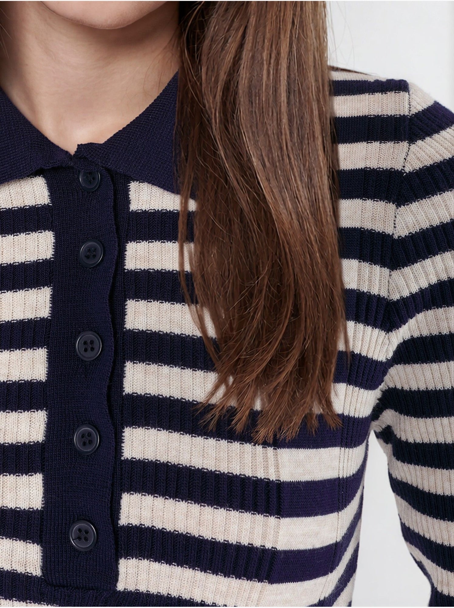 Pull rayé en maille côtelée à col polo et boutons - Multicolore