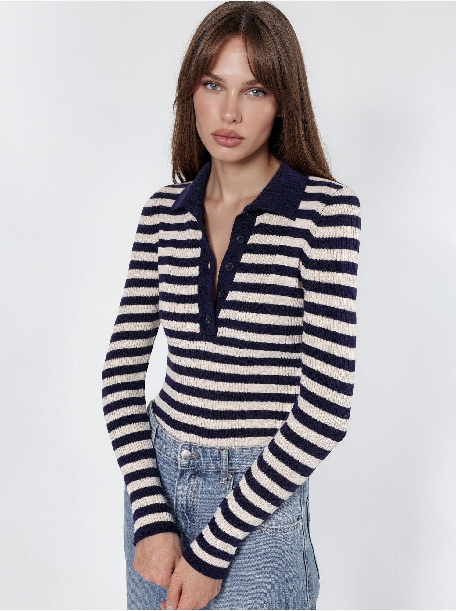 Pull rayé en maille côtelée à col polo et boutons - Multicolore