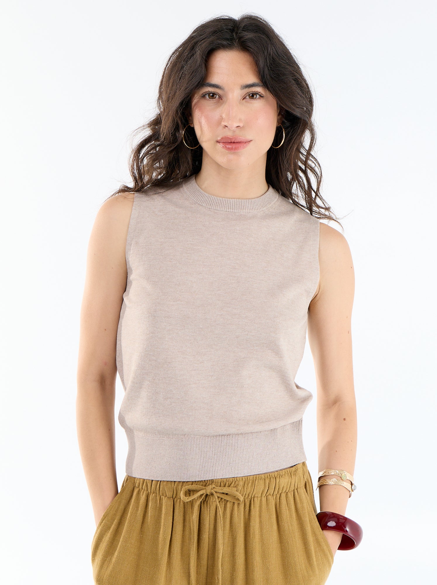 Pull sans manches à col rond - Beige