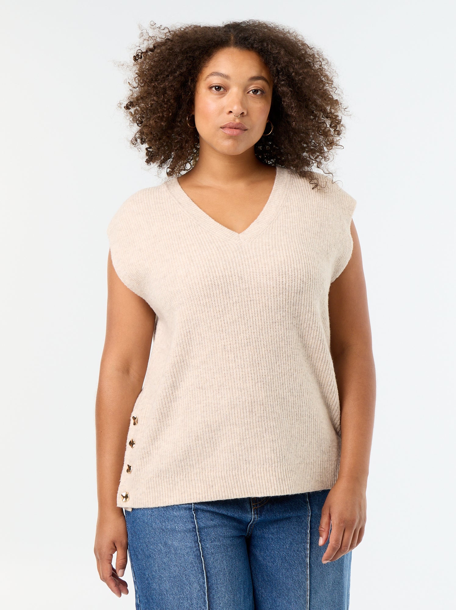 Pull sans manches avec bijoux fantaisies dorés - Beige