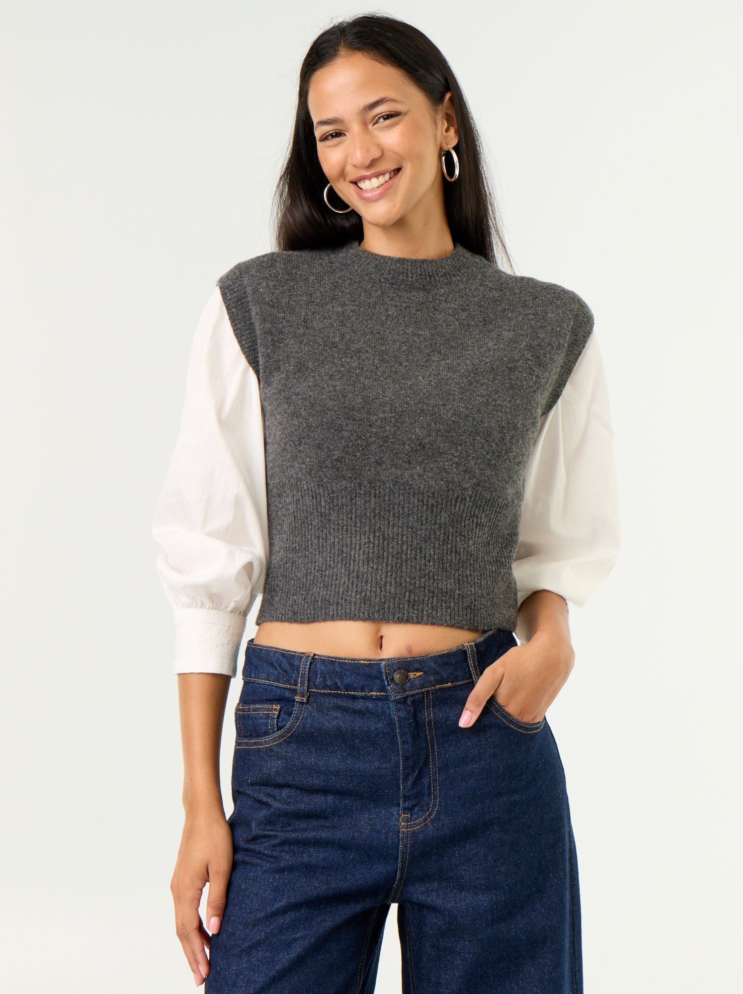 Pull sans manches en maille grosse jauge - Gris