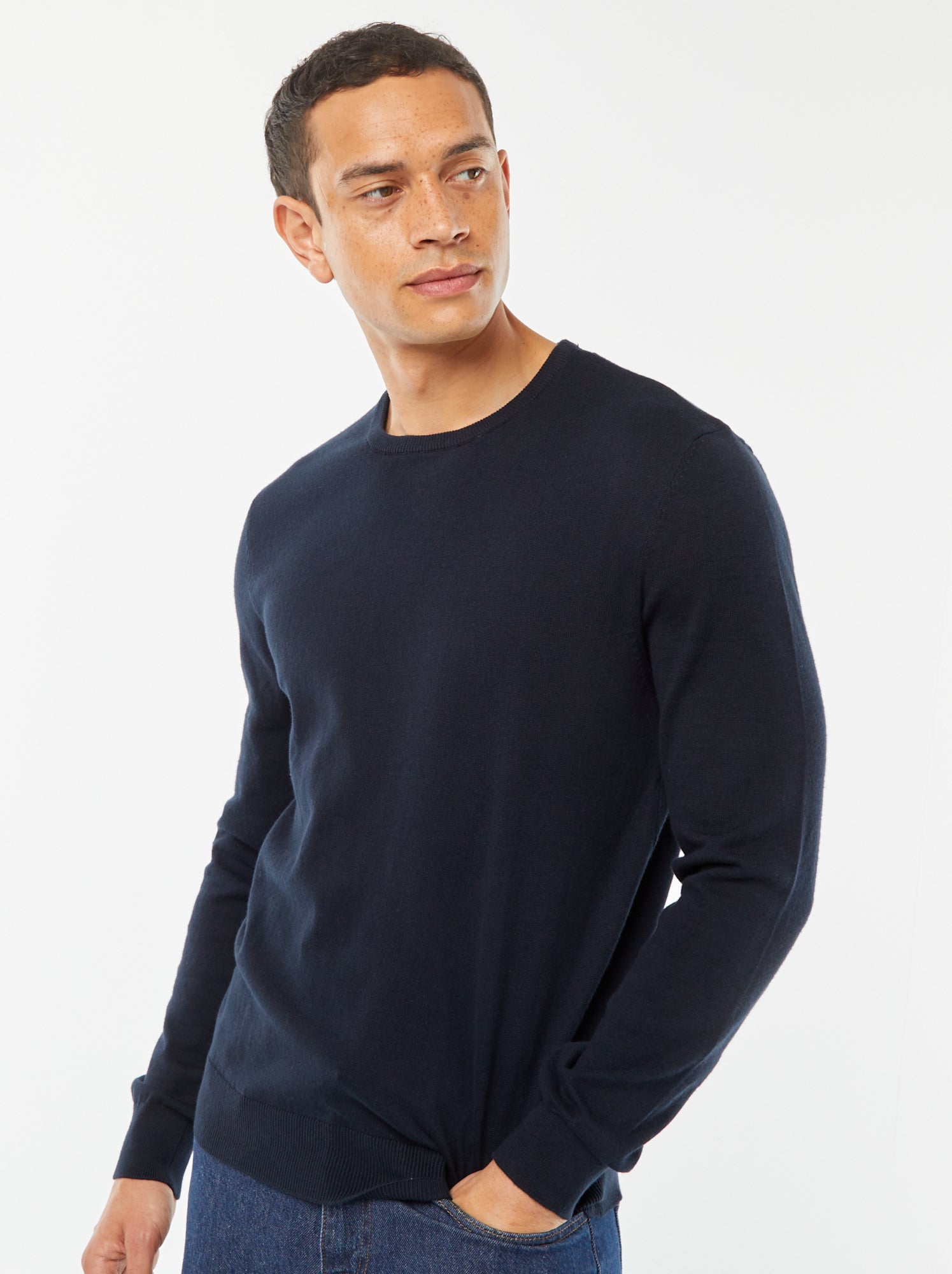 Pull uni à col rond - Bleu marine