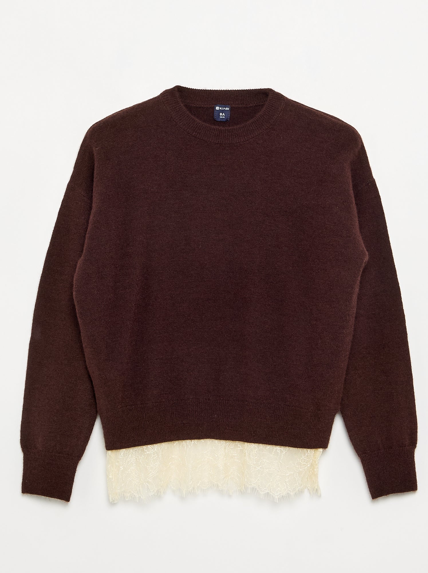 Pull uni en fine jauge avec base dentelle - Marron
