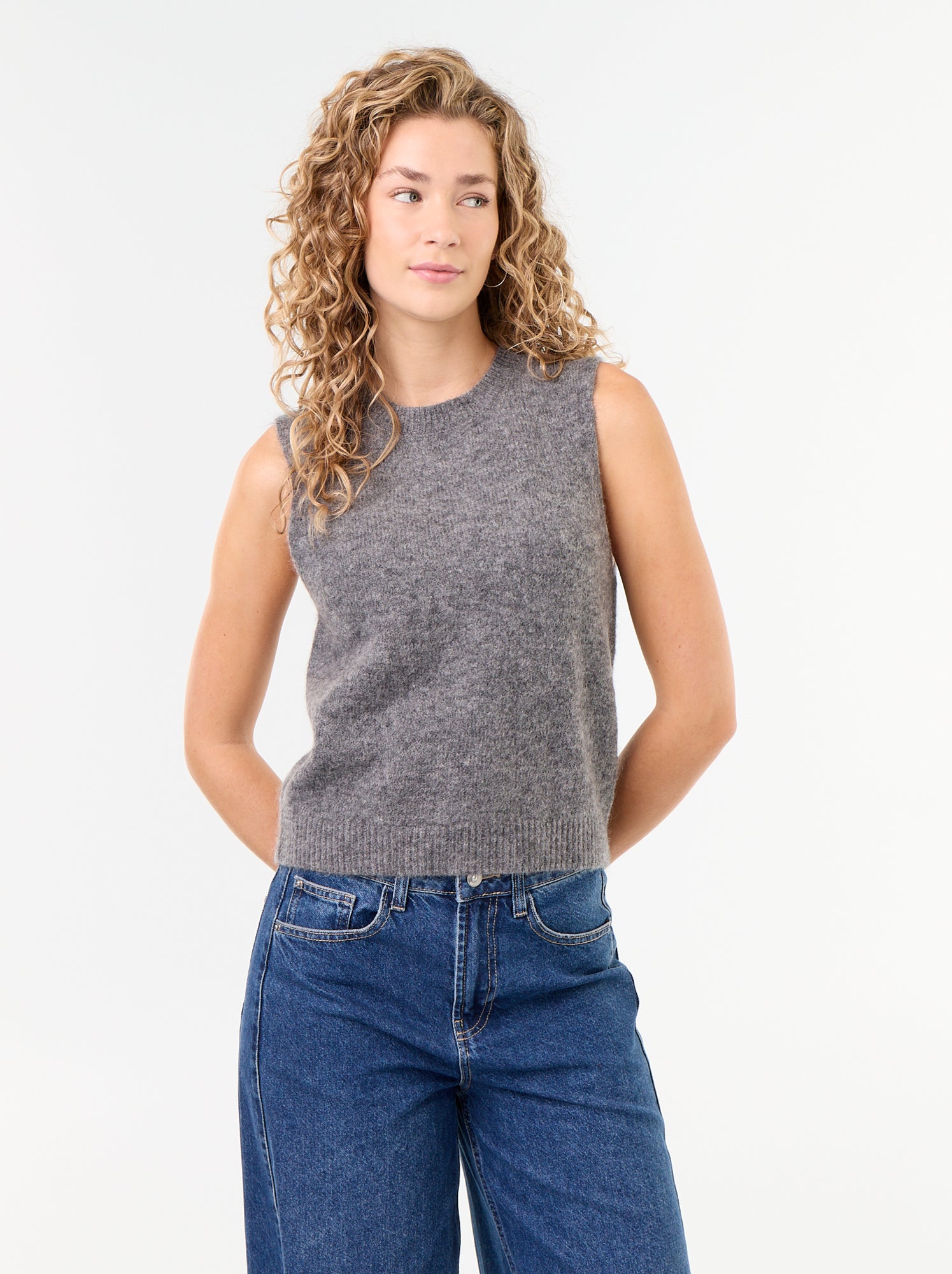 Pull uni en maille chaude sans manches - Gris