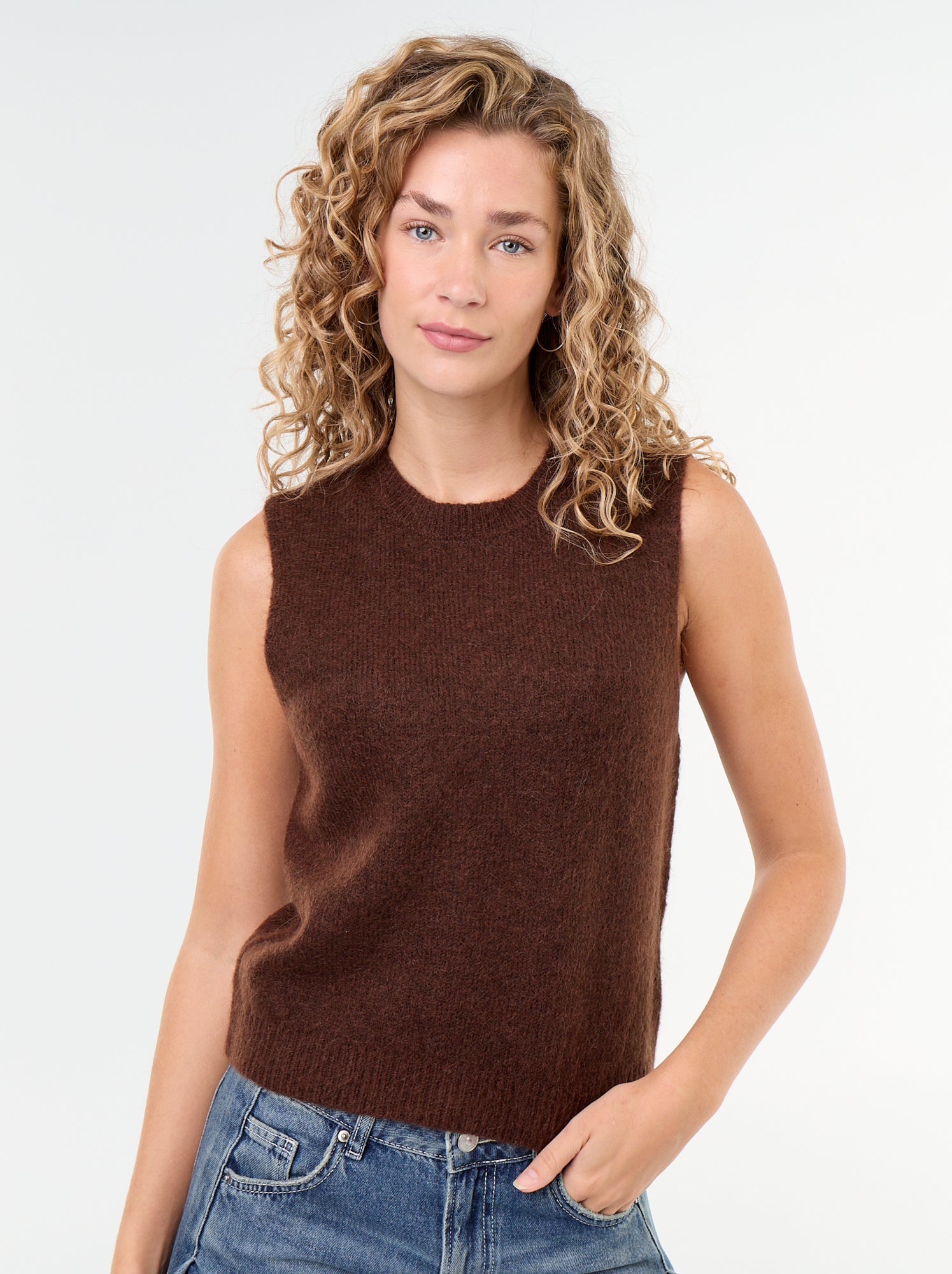 Pull uni en maille chaude sans manches - Marron