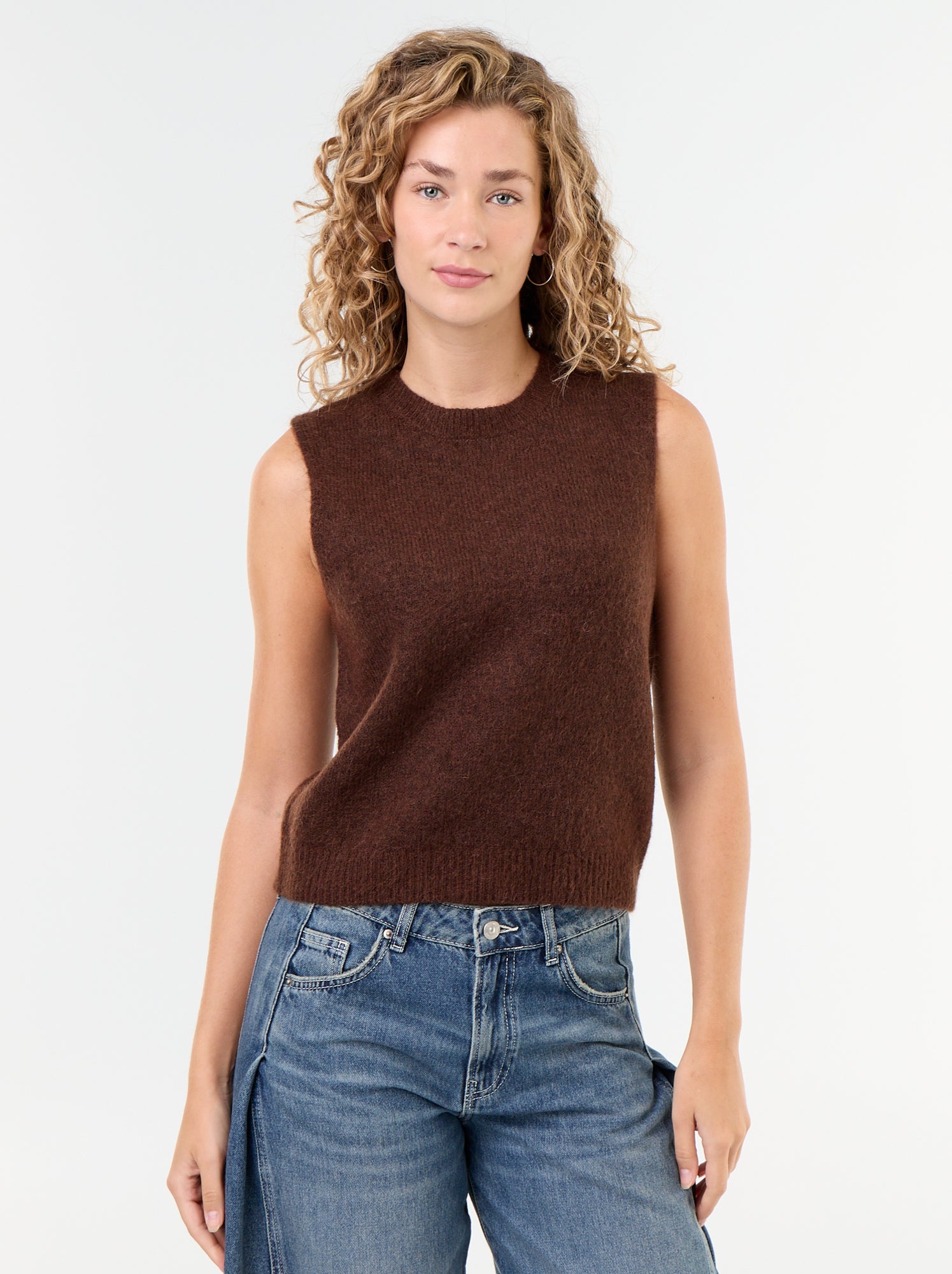 Pull uni en maille chaude sans manches - Marron