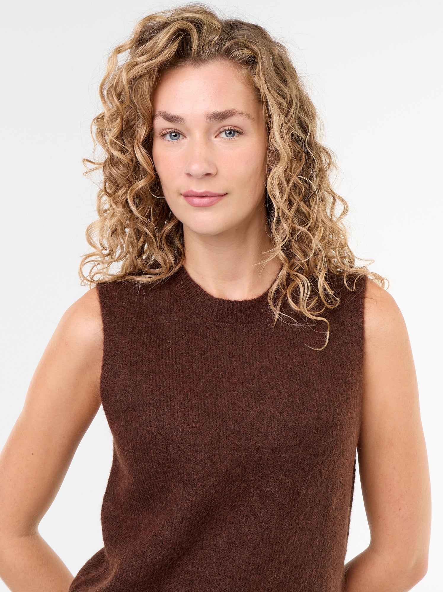 Pull uni en maille chaude sans manches - Marron