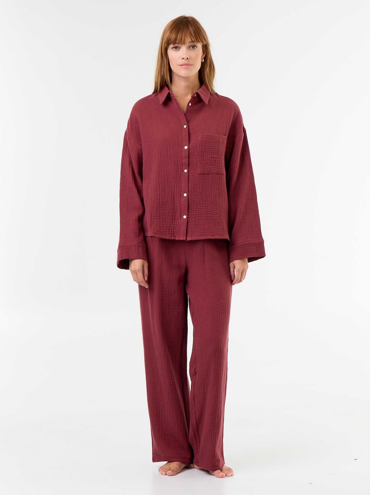 Pyjama 2 pièces fleuri - en gaze de coton - Rouge