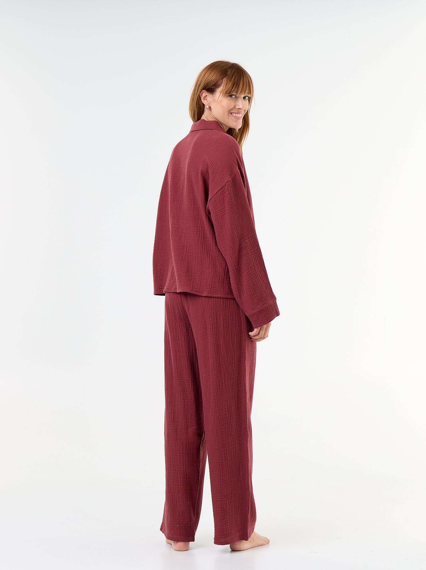 Pyjama 2 pièces fleuri - en gaze de coton - Rouge