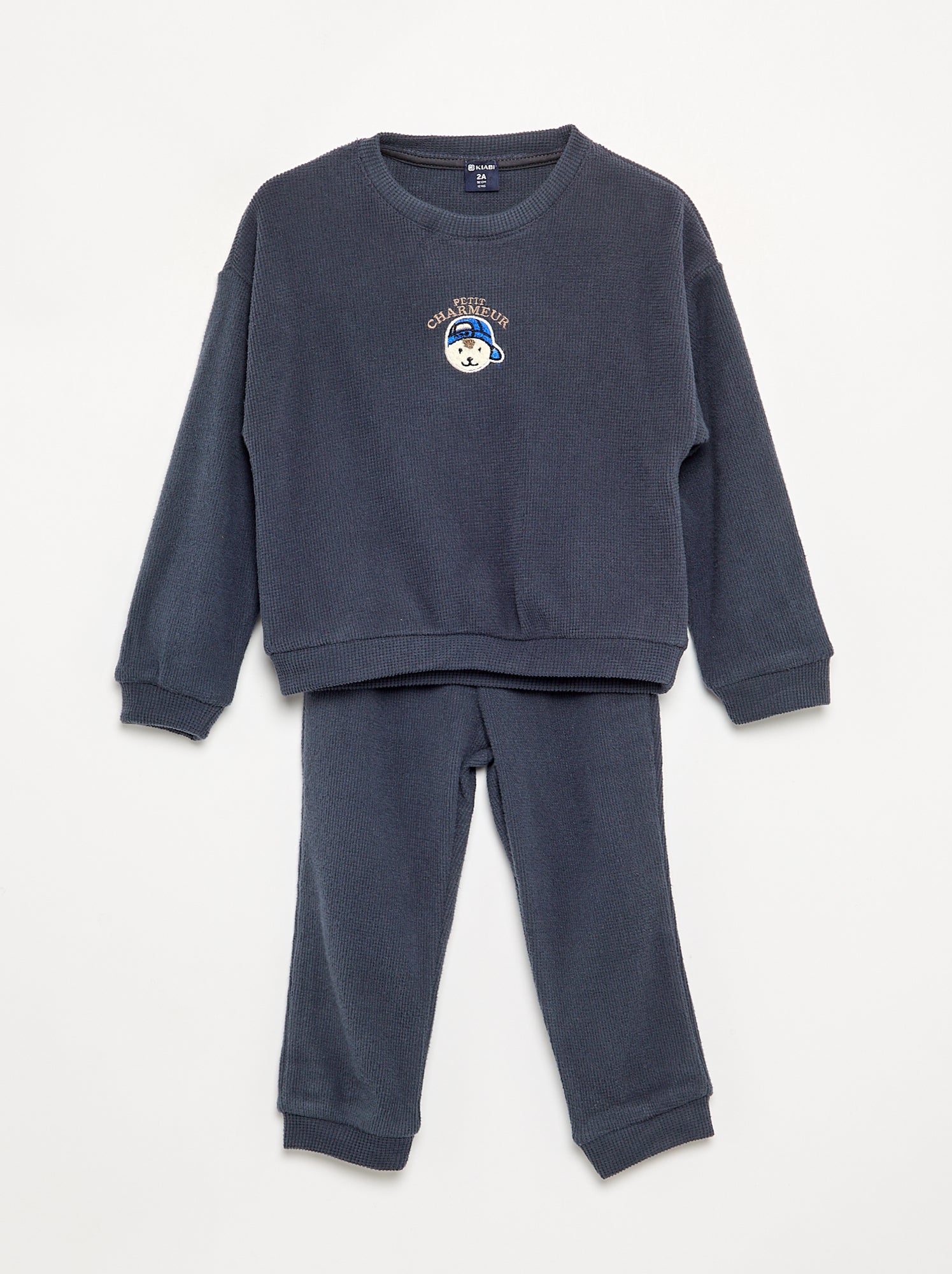 Pyjama 2 pièces en maille gaufrée- Sweat + pantalon - Bleu