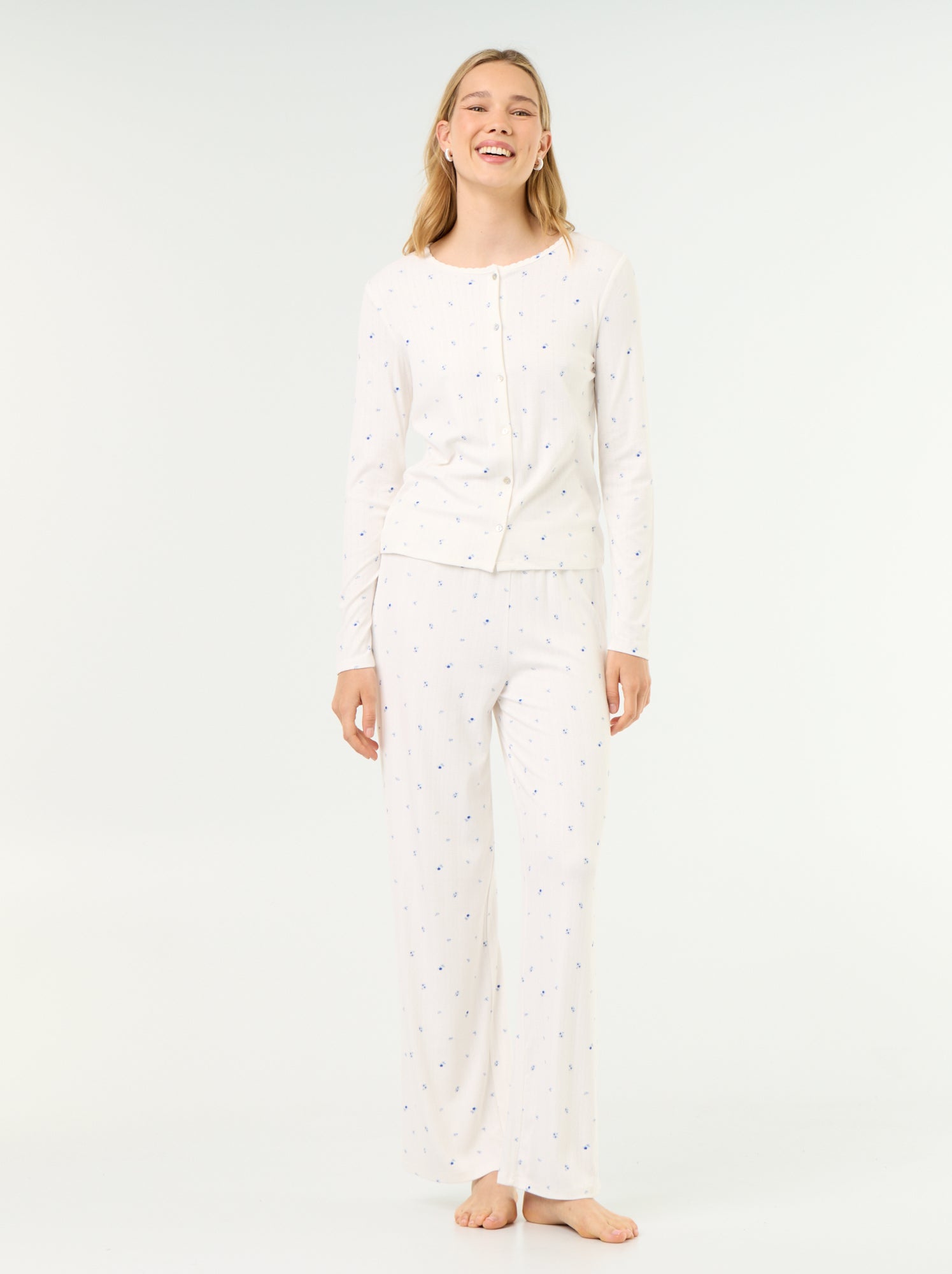 Pyjama 2 pièces en maille pointelle - Gilet + pantalon - Blanc