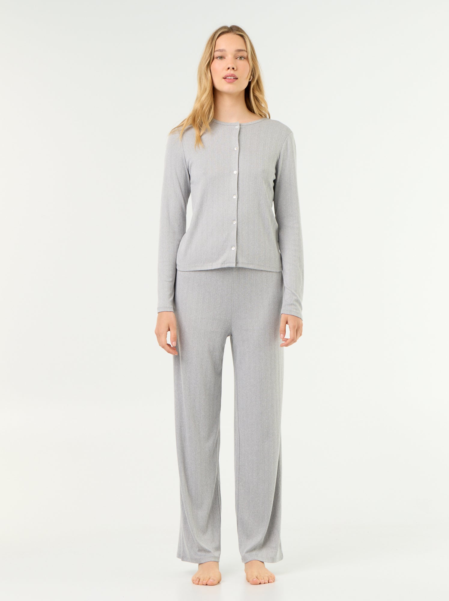 Pyjama 2 pièces en maille pointelle - Gilet + pantalon - Gris
