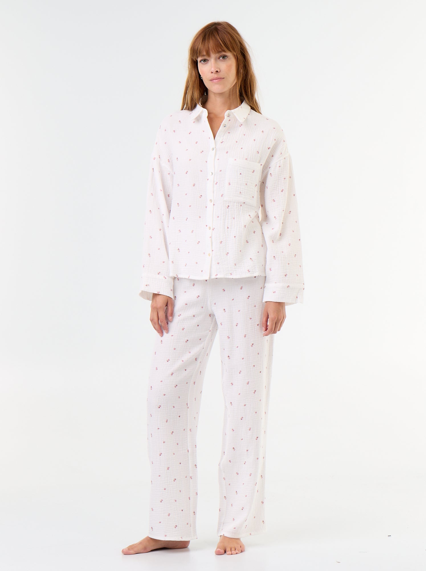Pyjama 2 pièces fleuri - en gaze de coton - Blanc