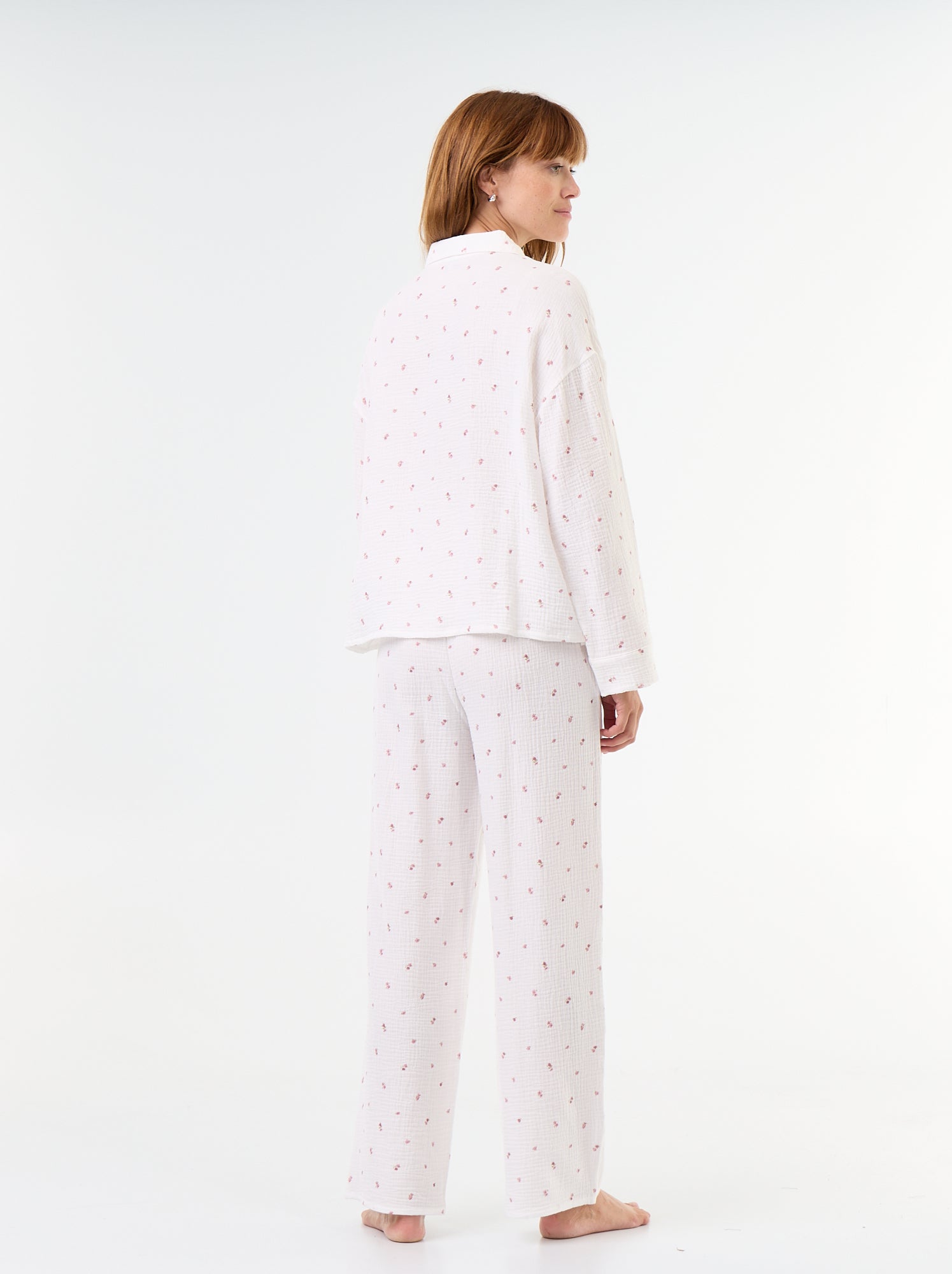 Pyjama 2 pièces fleuri - en gaze de coton - Blanc