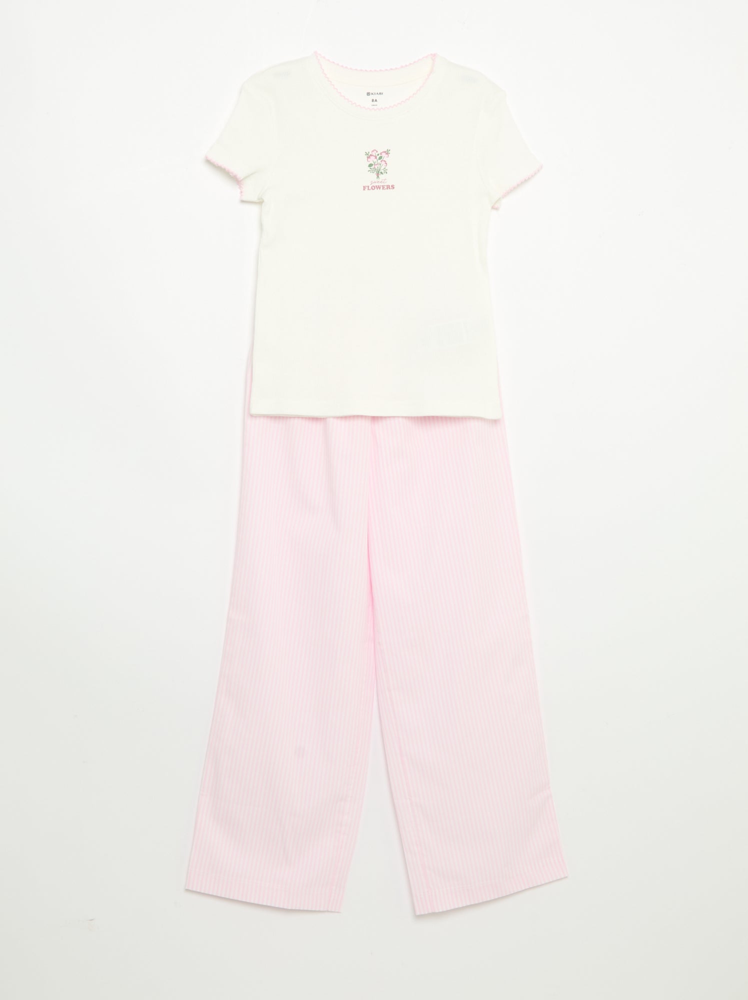 Pyjama 2 pièces - T-shirt à manches courtes + pantalon rayé - Rose