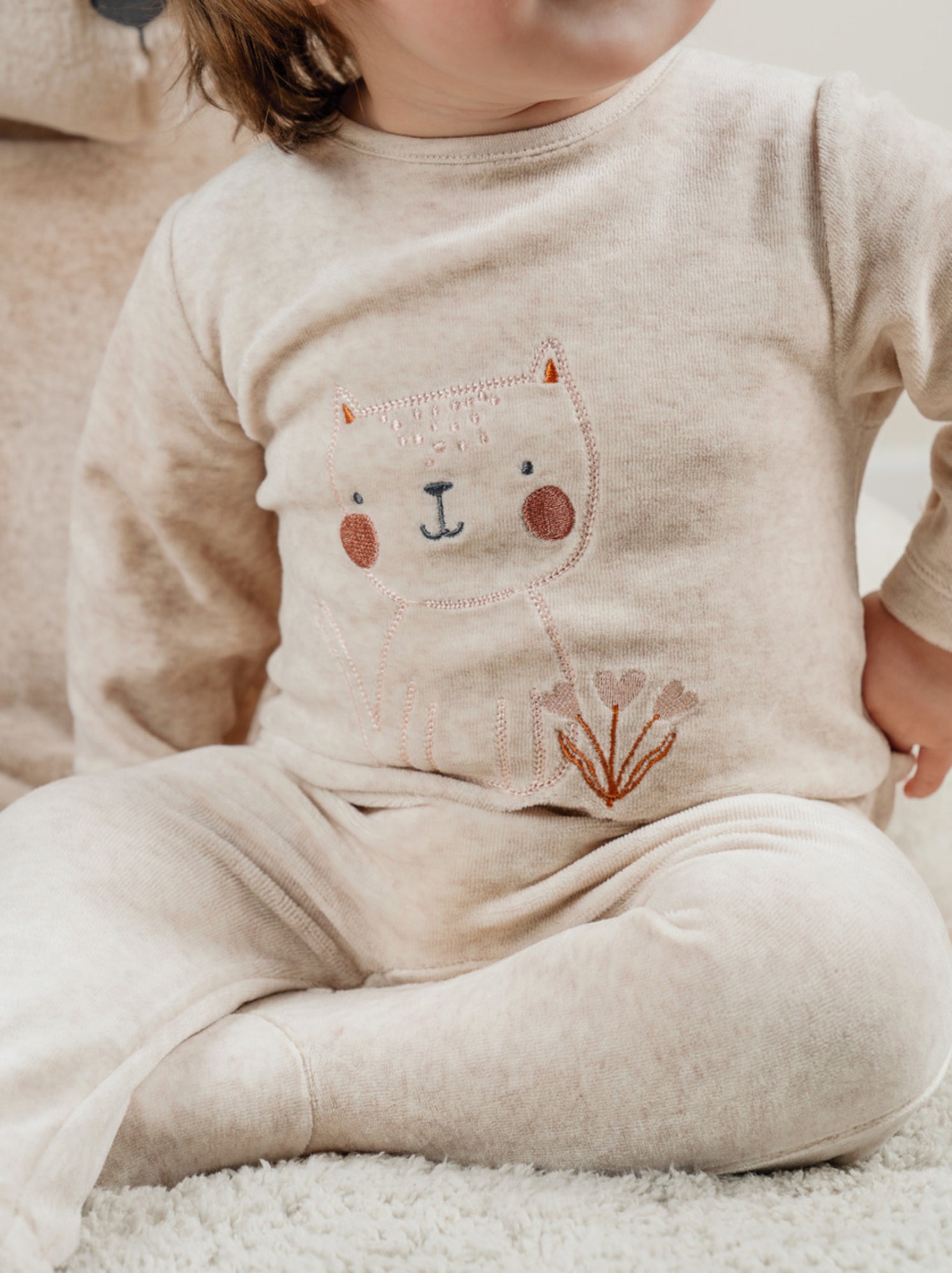 Pyjama bébé en velours brodé chat beige Noukie's - Beige