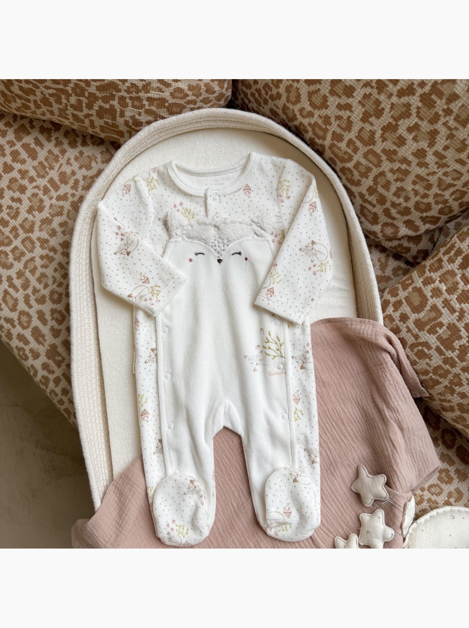 Pyjama bébé en velours ouverture pont doucette - Ecru