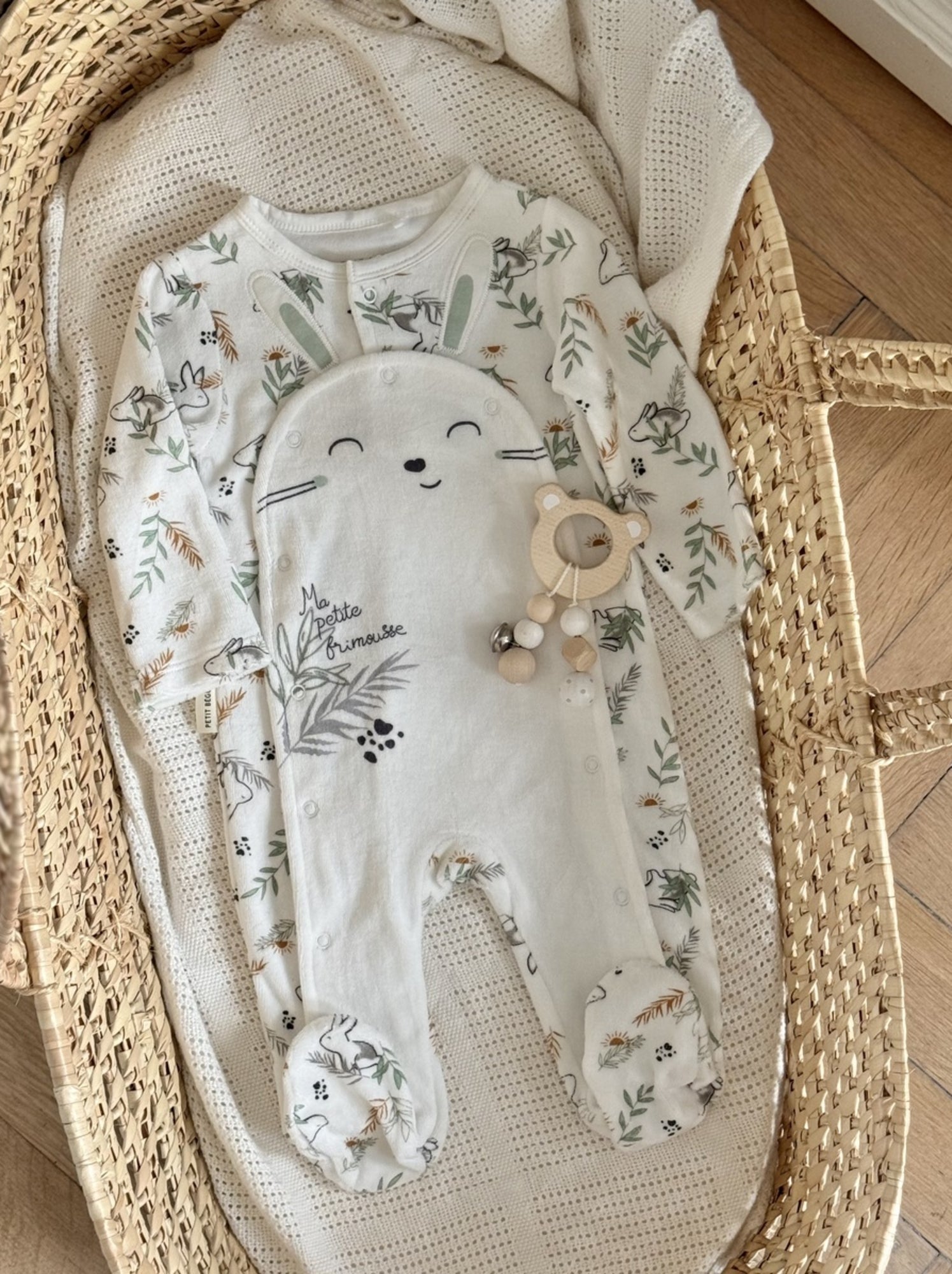 Pyjama bébé en velours ouverture pont frimousse - Ecru