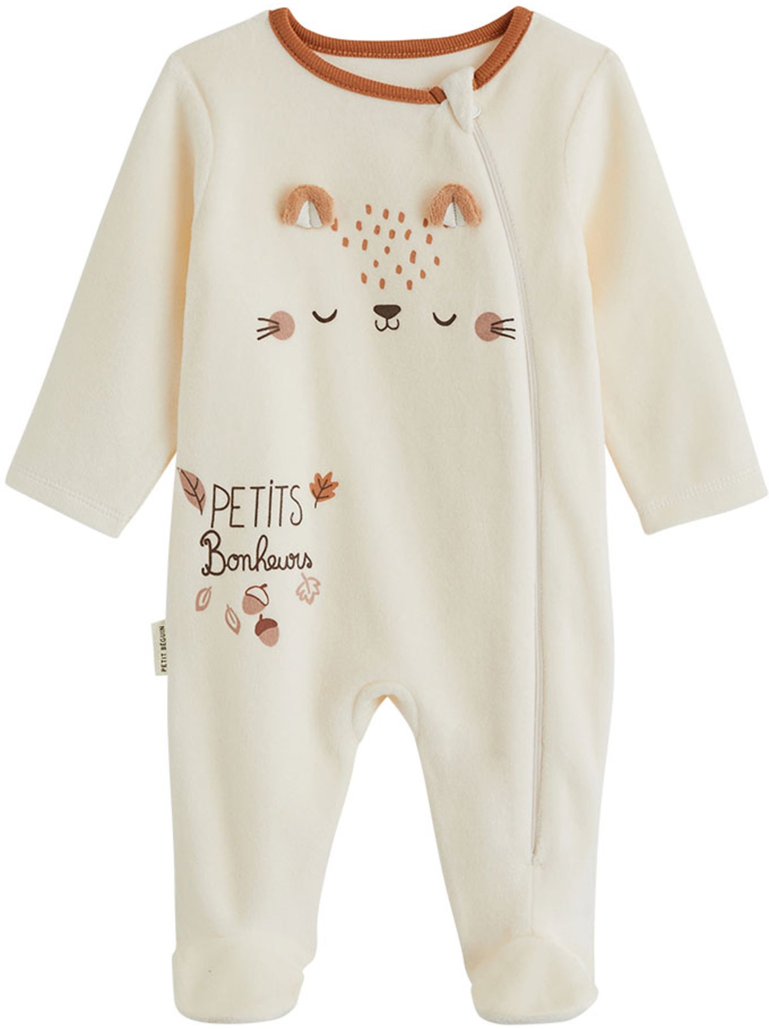 Pyjama bébé en velours ouverture zippée caramel - Ecru