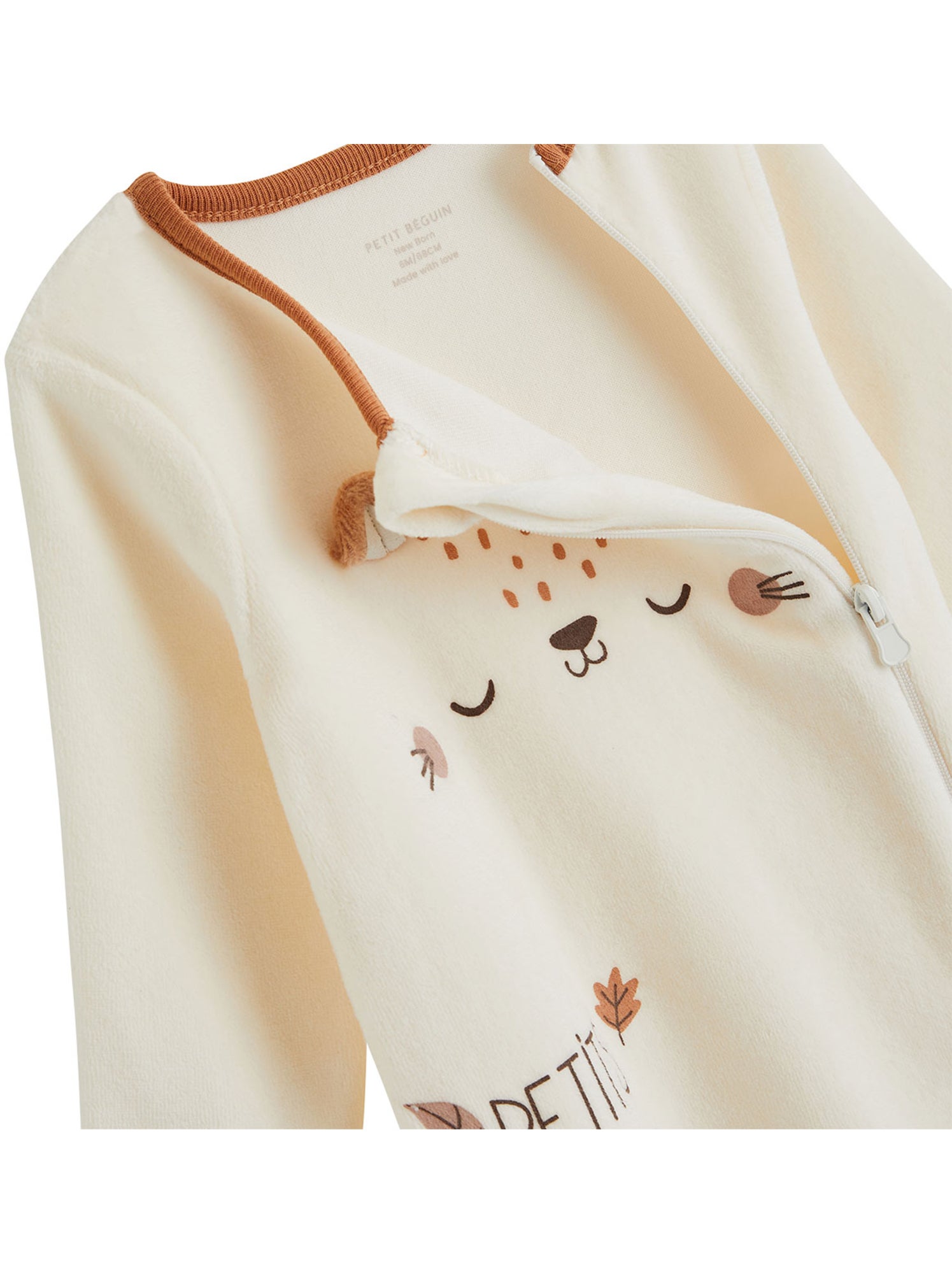 Pyjama bébé en velours ouverture zippée caramel - Ecru