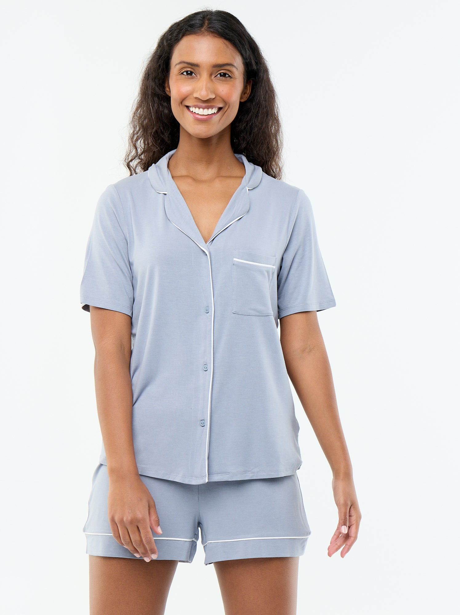 Pyjama court en viscose chiné - 2 pièces - Bleu (EYU56_4)
