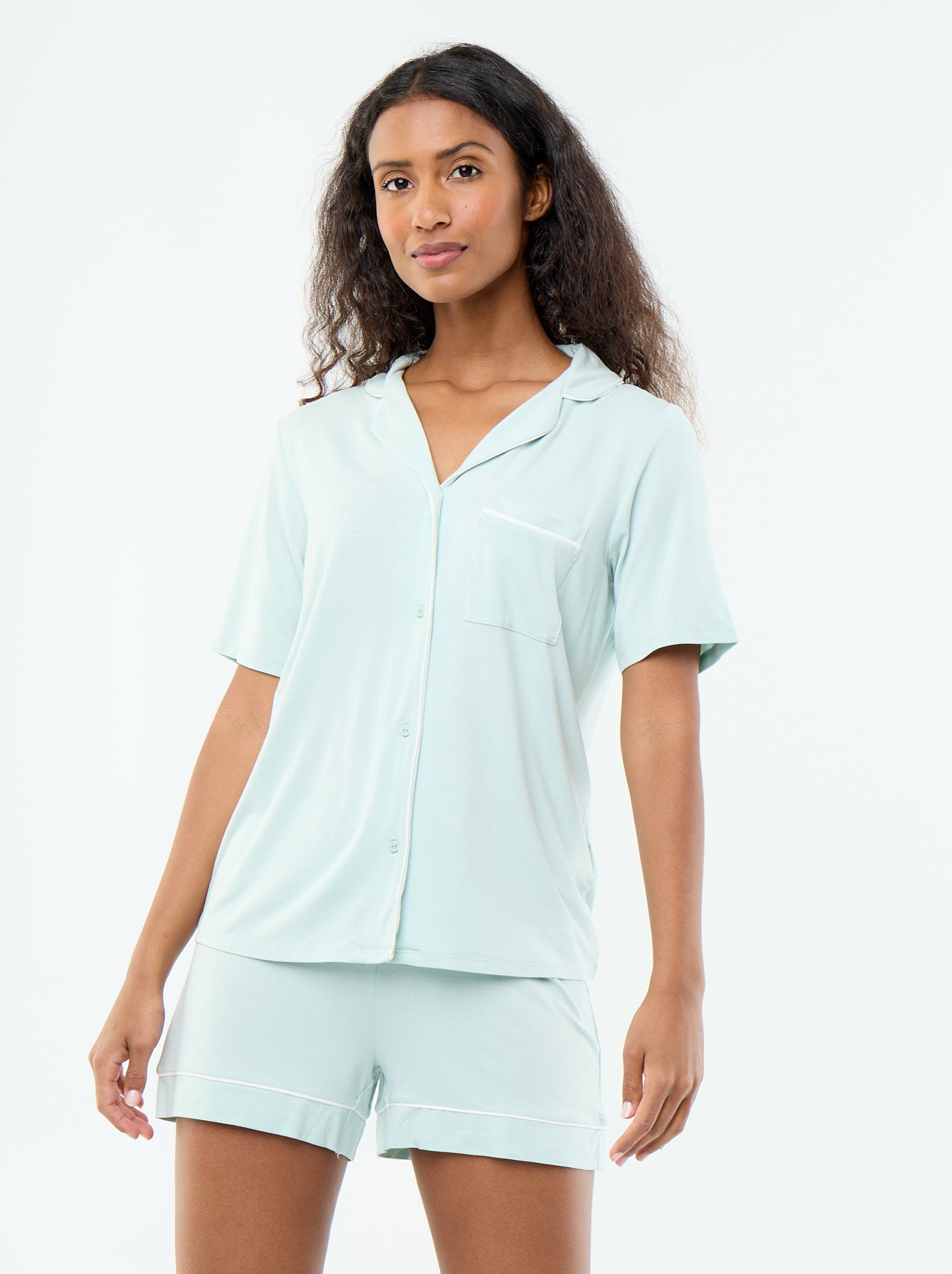 Pyjama court en viscose chiné - 2 pièces - Bleu (EYU56_6)