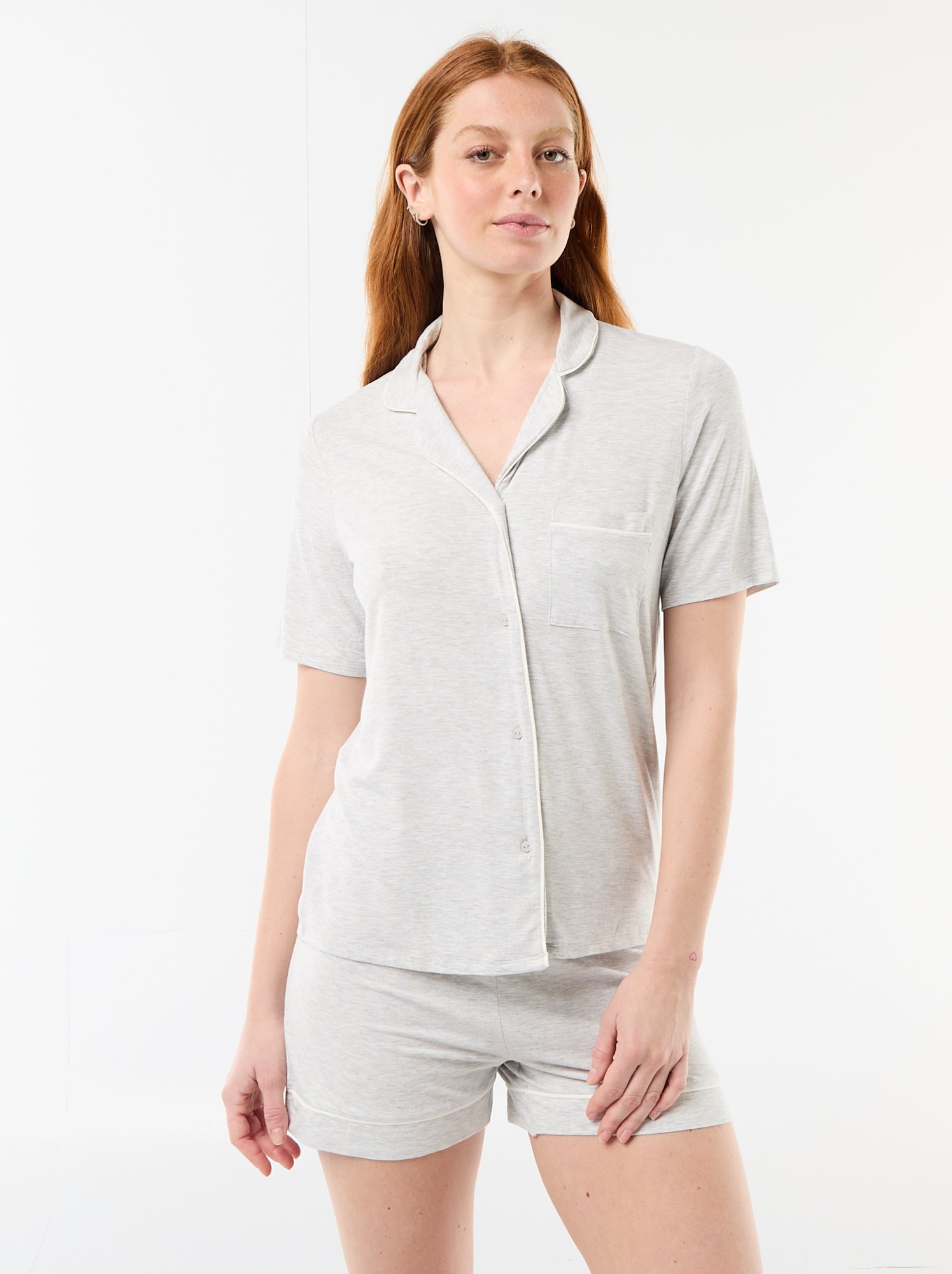 Pyjama court en viscose chiné - 2 pièces - Gris