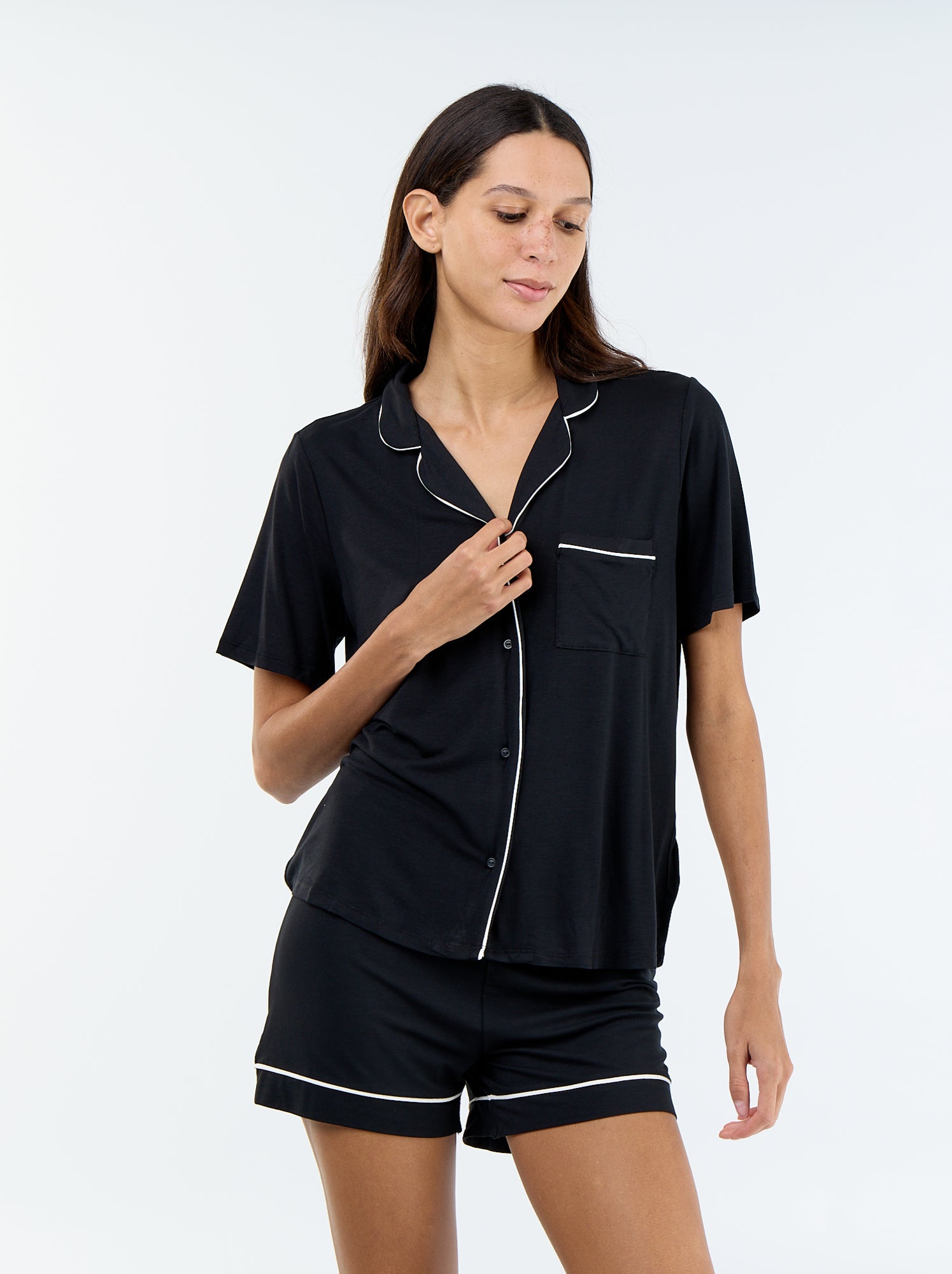 Pyjama court en viscose chiné - 2 pièces - Noir
