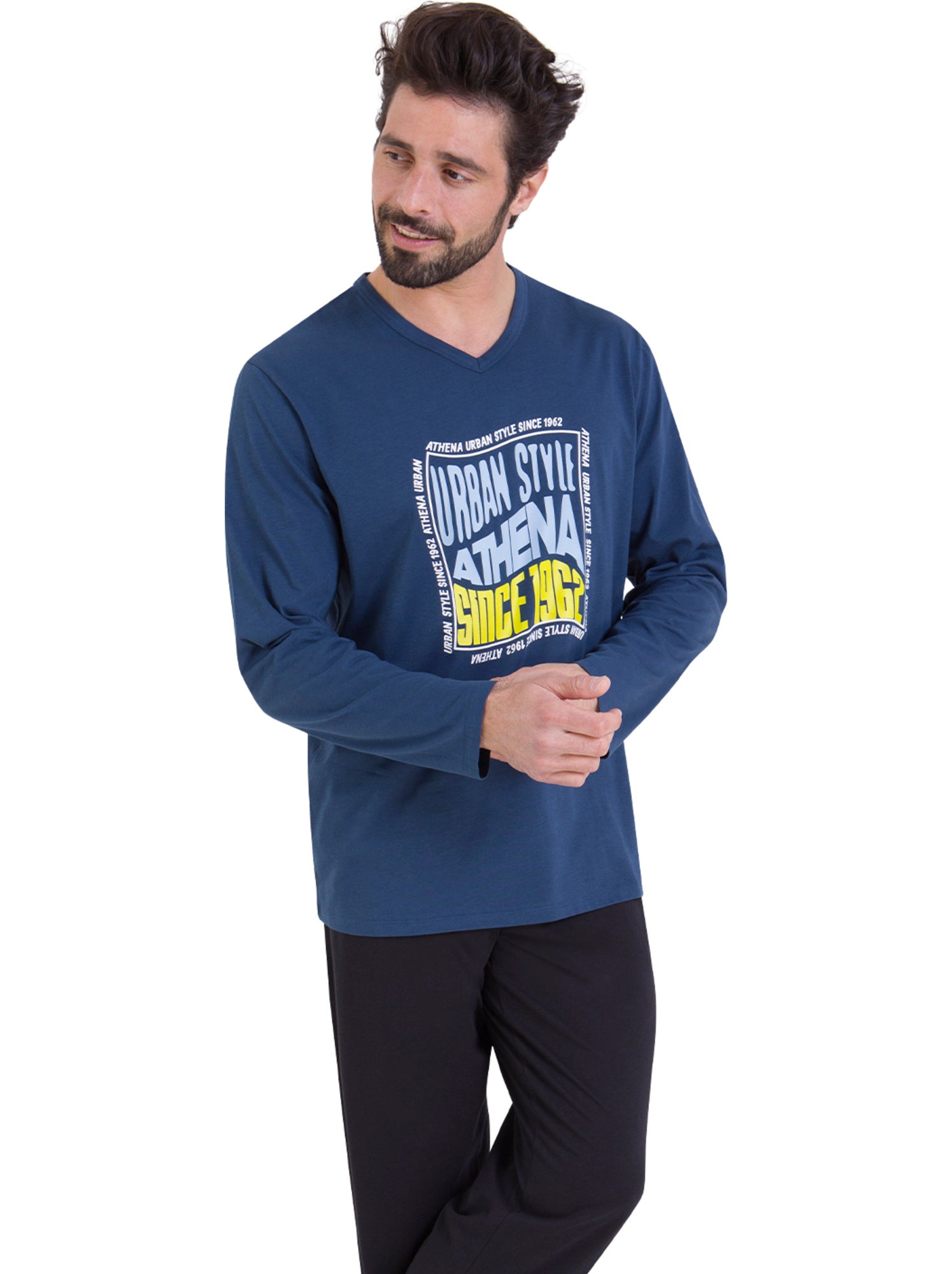Pyjama long col v homme ecopack sérigraphie athena - Bleu