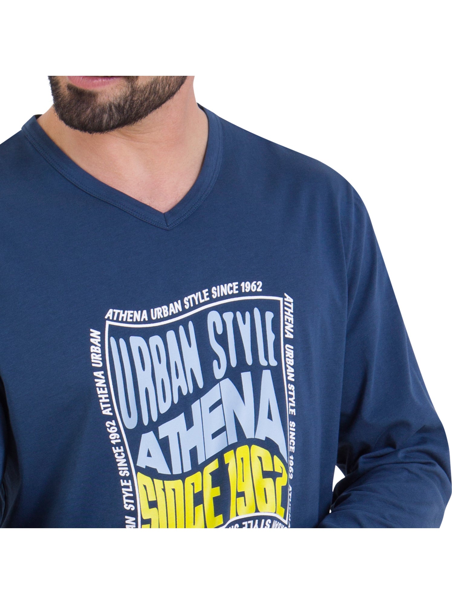 Pyjama long col v homme ecopack sérigraphie athena - Bleu