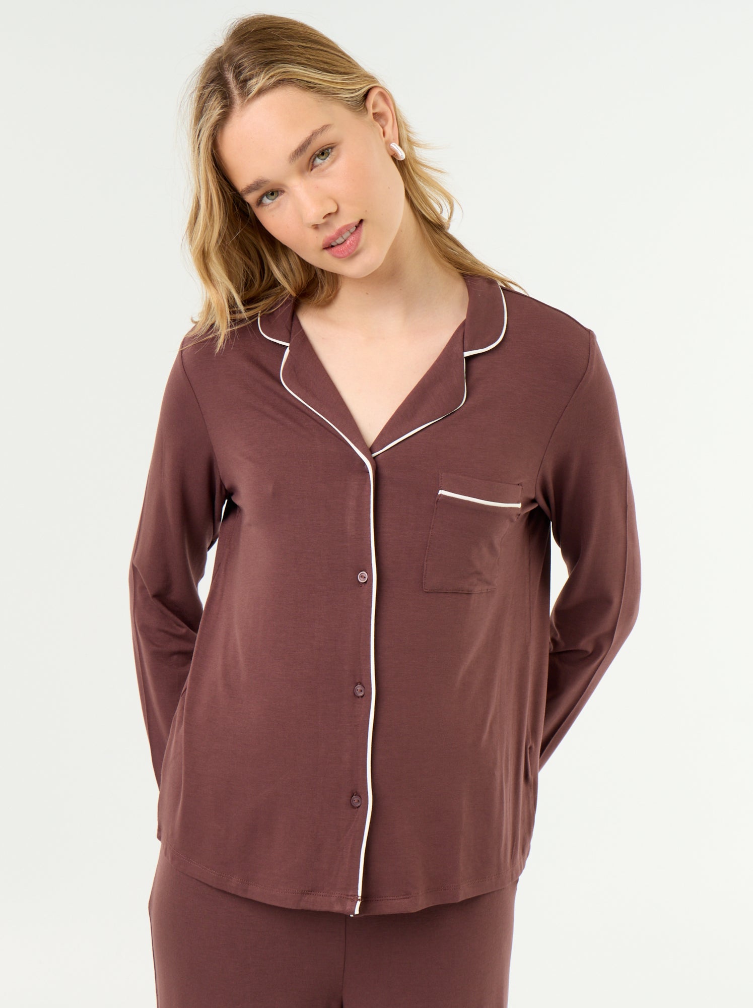 Pyjama long en maille douce stretch - 2 pièces - Marron