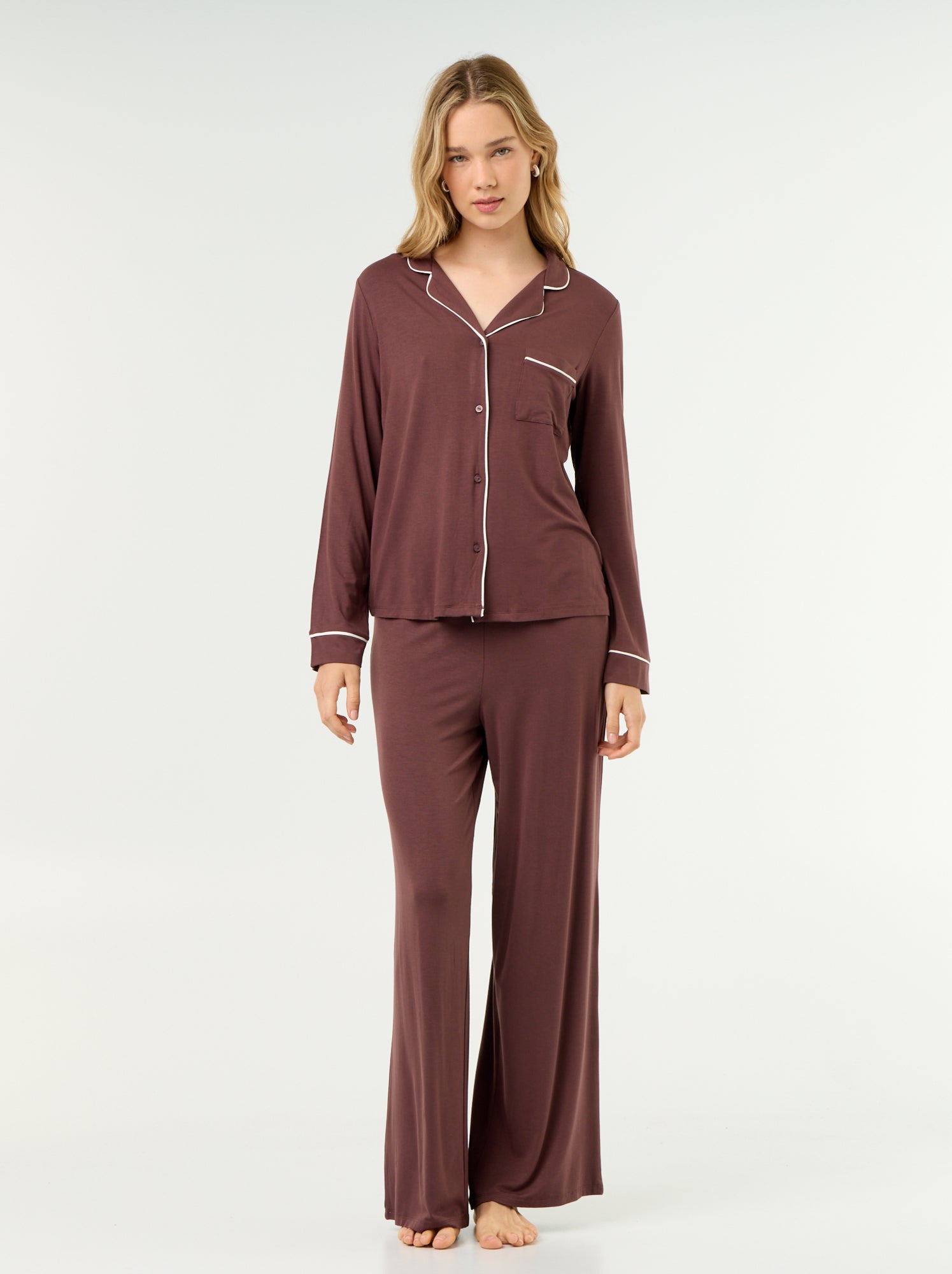 Pyjama long en maille douce stretch - 2 pièces - Marron