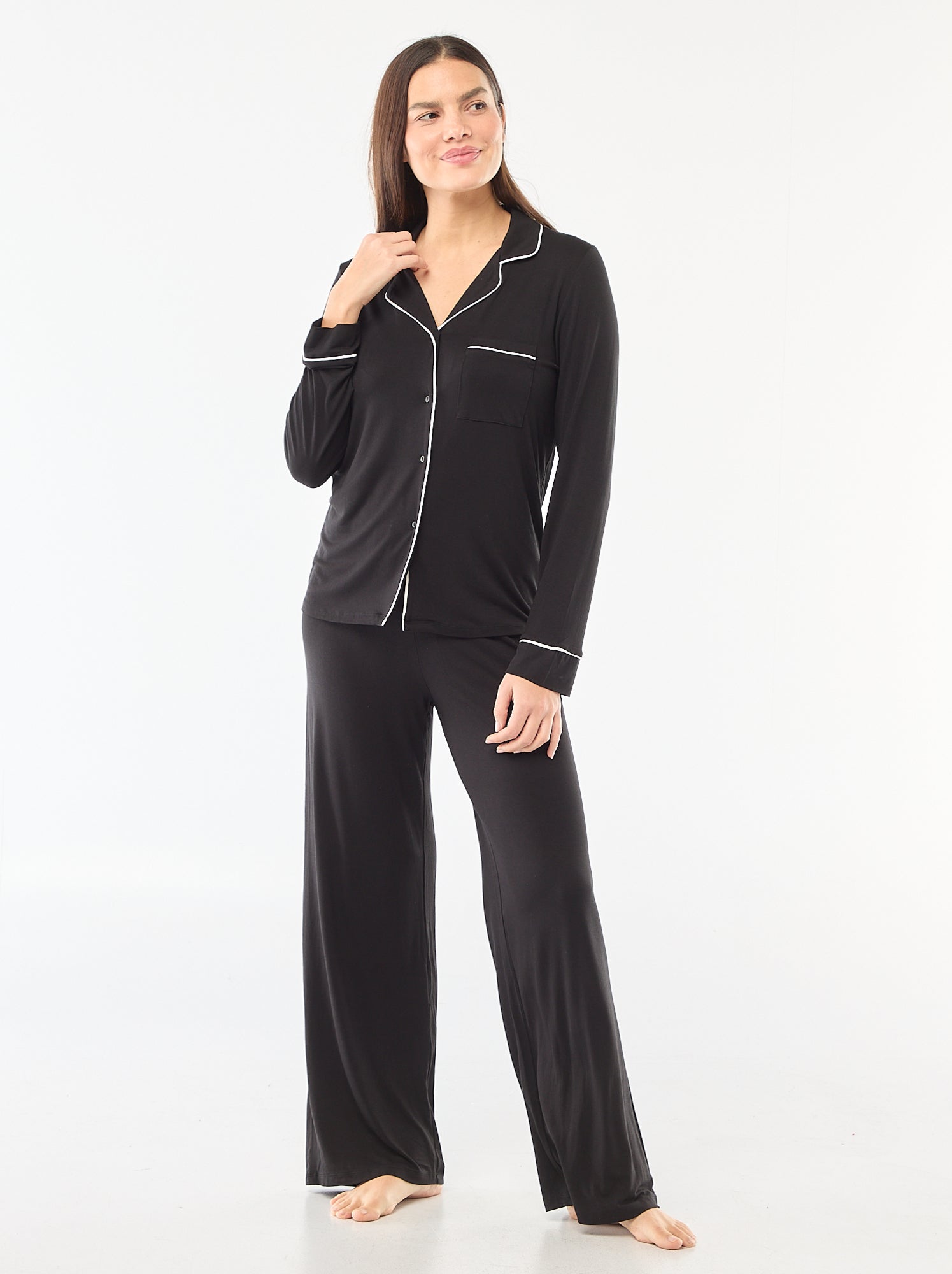 Pyjama long en maille douce stretch - 2 pièces - Noir