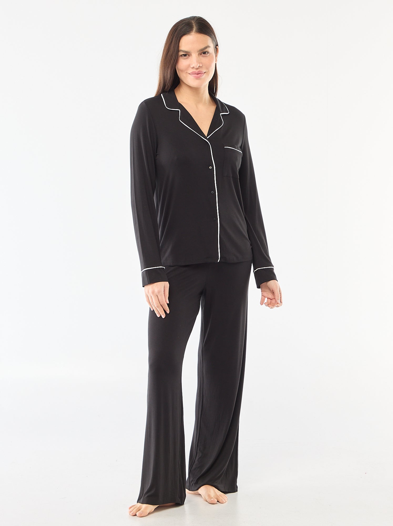 Pyjama long en maille douce stretch - 2 pièces - Noir
