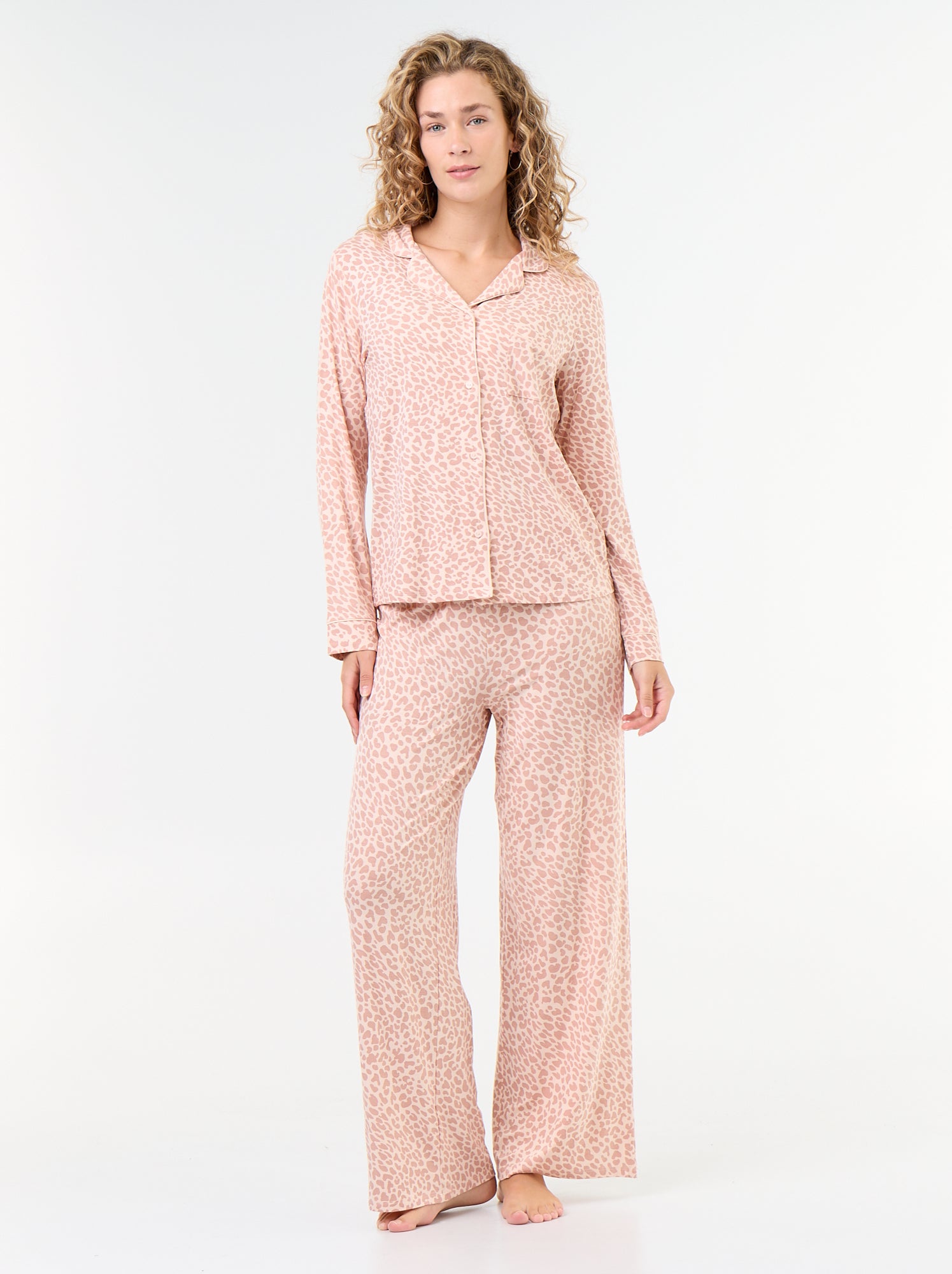 Pyjama long en maille douce stretch - 2 pièces - Rose