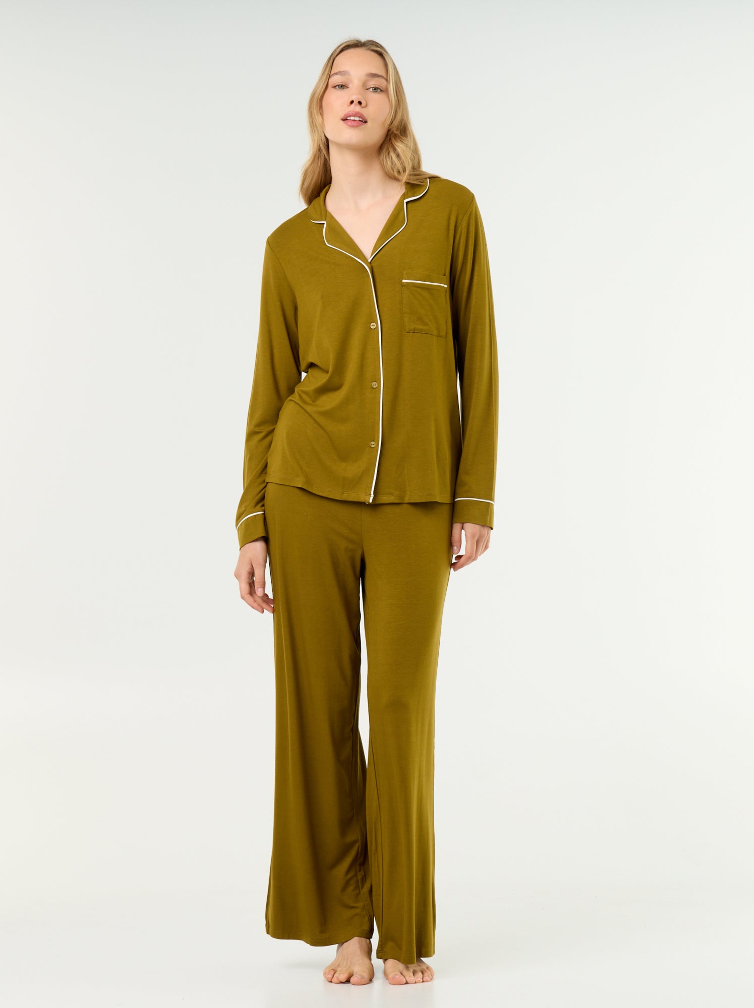 Pyjama long en maille douce stretch - 2 pièces - Vert